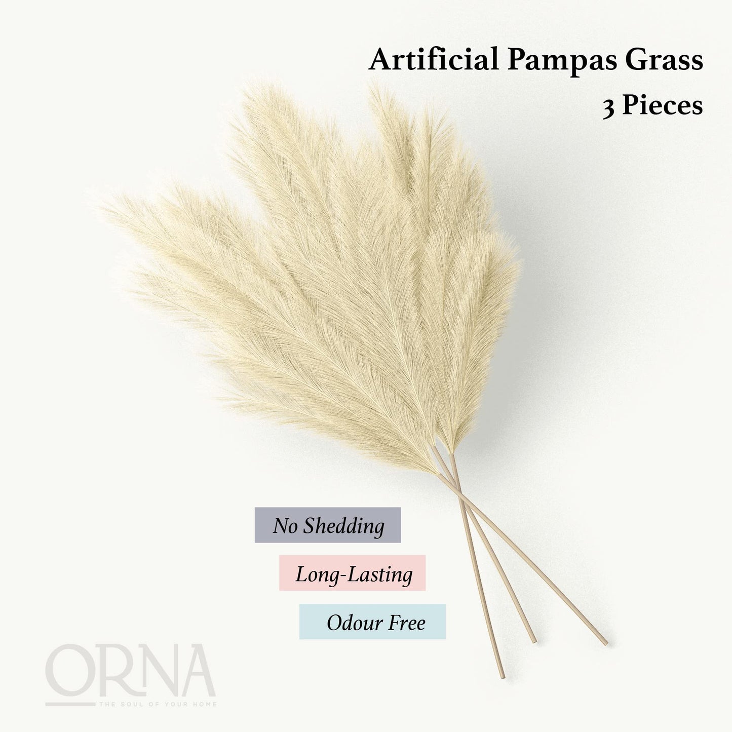 ORNA Artificial Pampas Grass Artificial Flower Long Branches Extra Fluffy 114 cm High (3 Stems x 20 Forks) for Modern Home Decoration