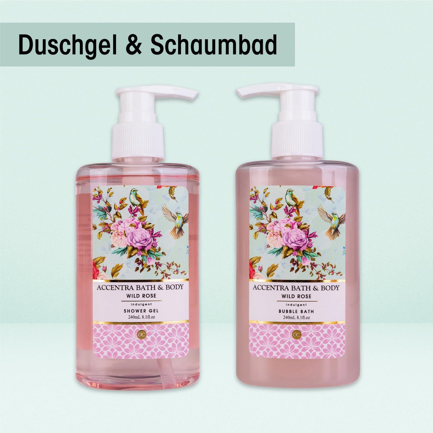 Accentra – Duschset Frauen Geschenkset im Holzkorb – 8-teiliges Pflegeset mit Duschgel, Bodylotion, Badezusätzen, Peeling & Handcreme – Wellness Geschenk Set