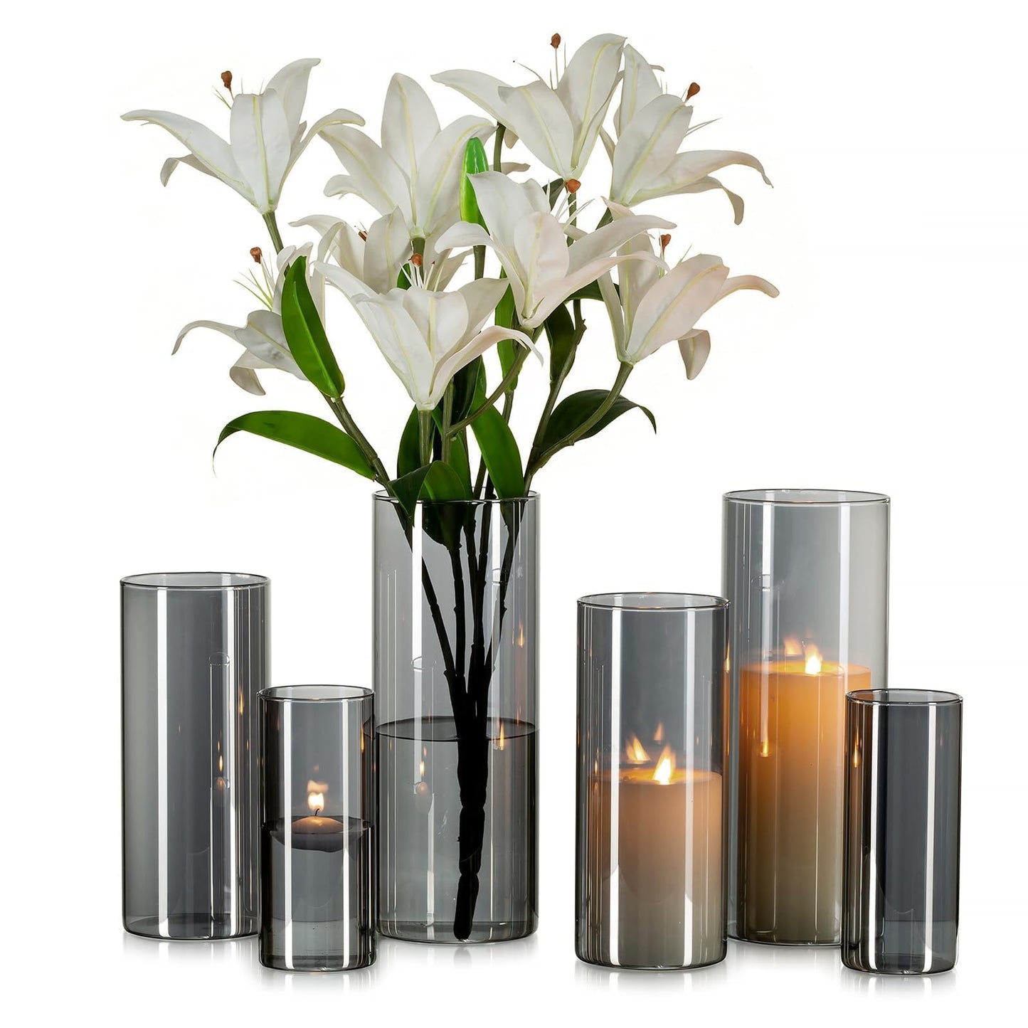 Glasseam Glass Vase Cylinder Vase Grey: Set of 3 Glass Vases Set for Living Room Decorative Glass Cylinder Lantern - Round Flower Vase Modern Glass Vases for Table Decoration Tulips Pampas Grass
