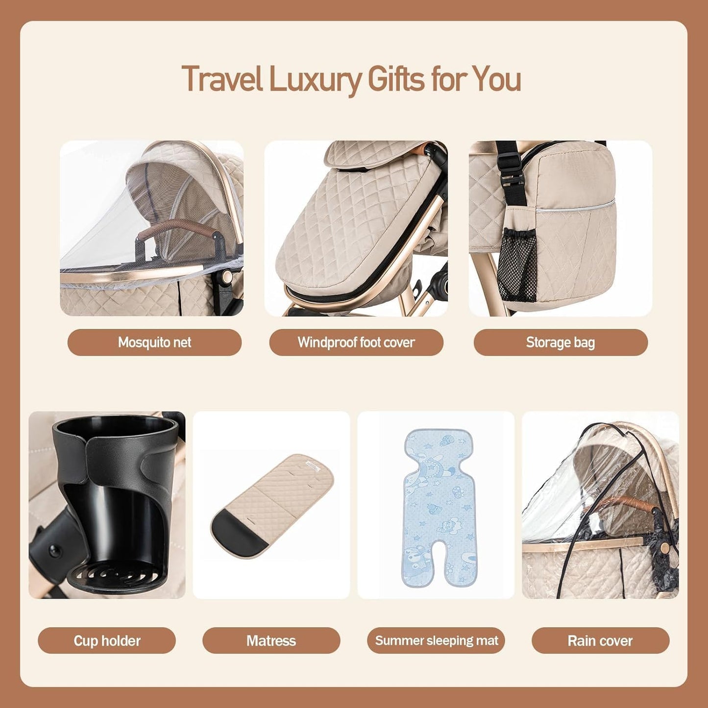 3-in-1 Pram Set with Seat, Baby Bed is Foldable, Adjustable Reclining Position,up to 15 kg, 0-3 Years