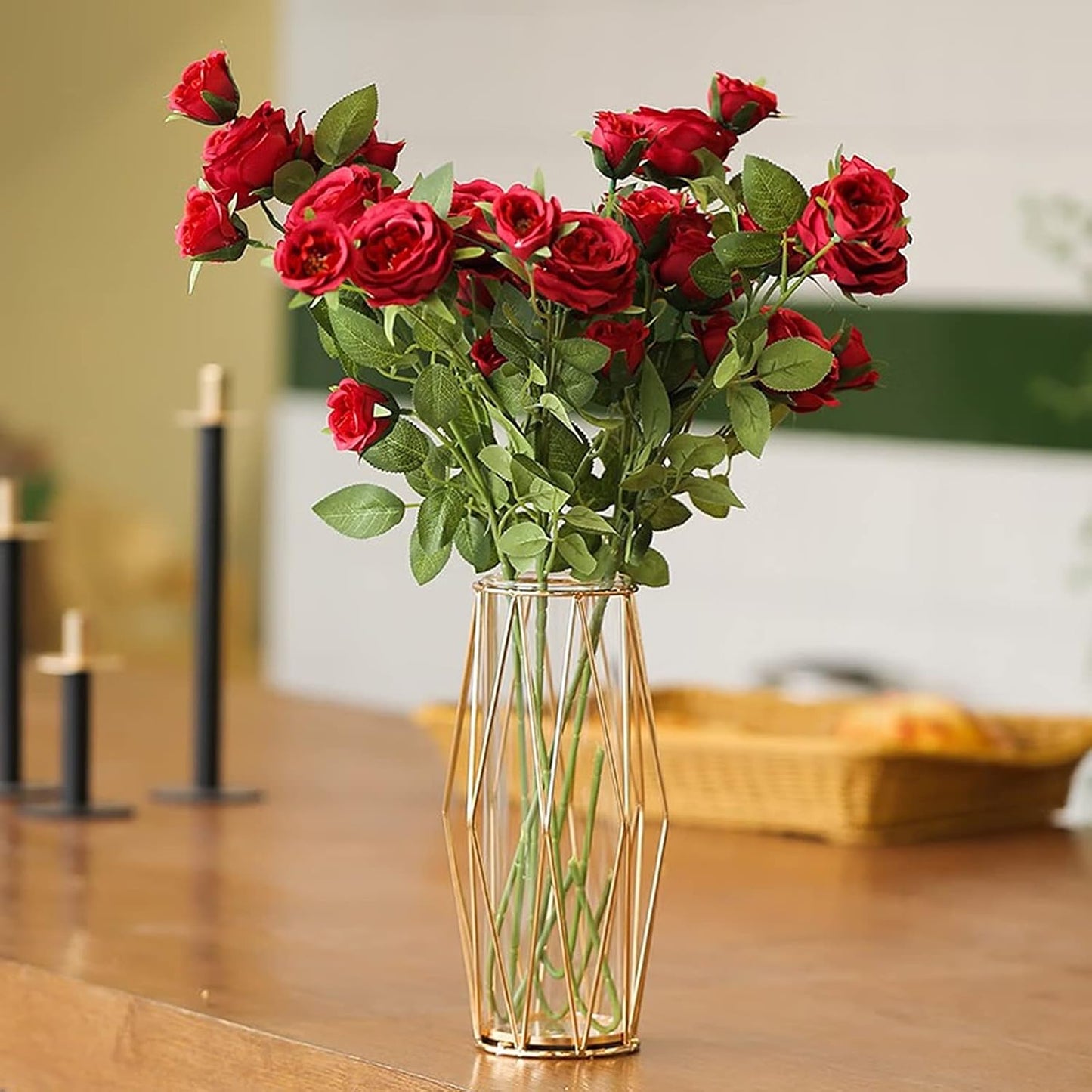 Gold Vases Decoration for Pampas Grass, Scandinavian High Floor Vase with Metal Frame for Wedding Centrepiece or Desk Office, 28 cm High