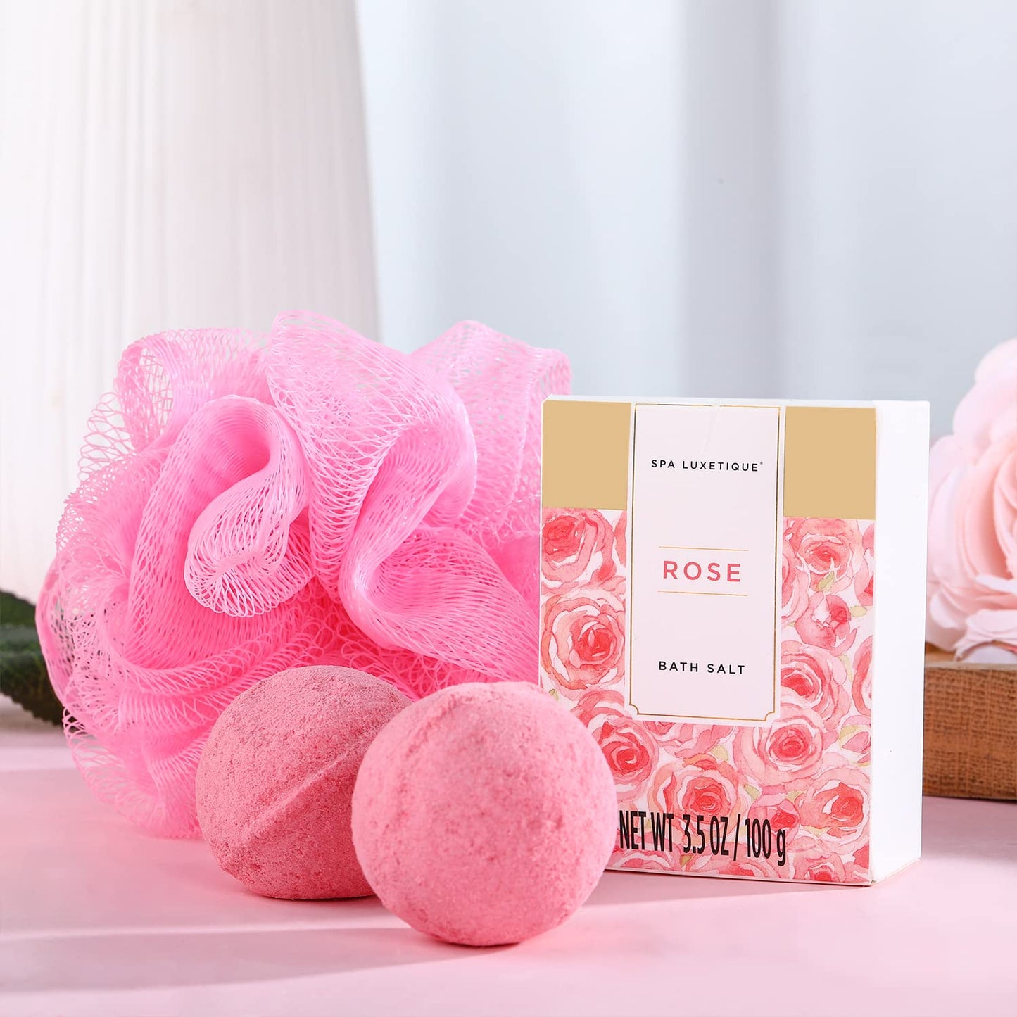 SPA LUXETIQUE Wellness Set für Frauen - 8tlg Rosenduft Bade Geschenkset für Frauen, Geburtstagsgeschenk Beauty Set mit Deko Badewanne