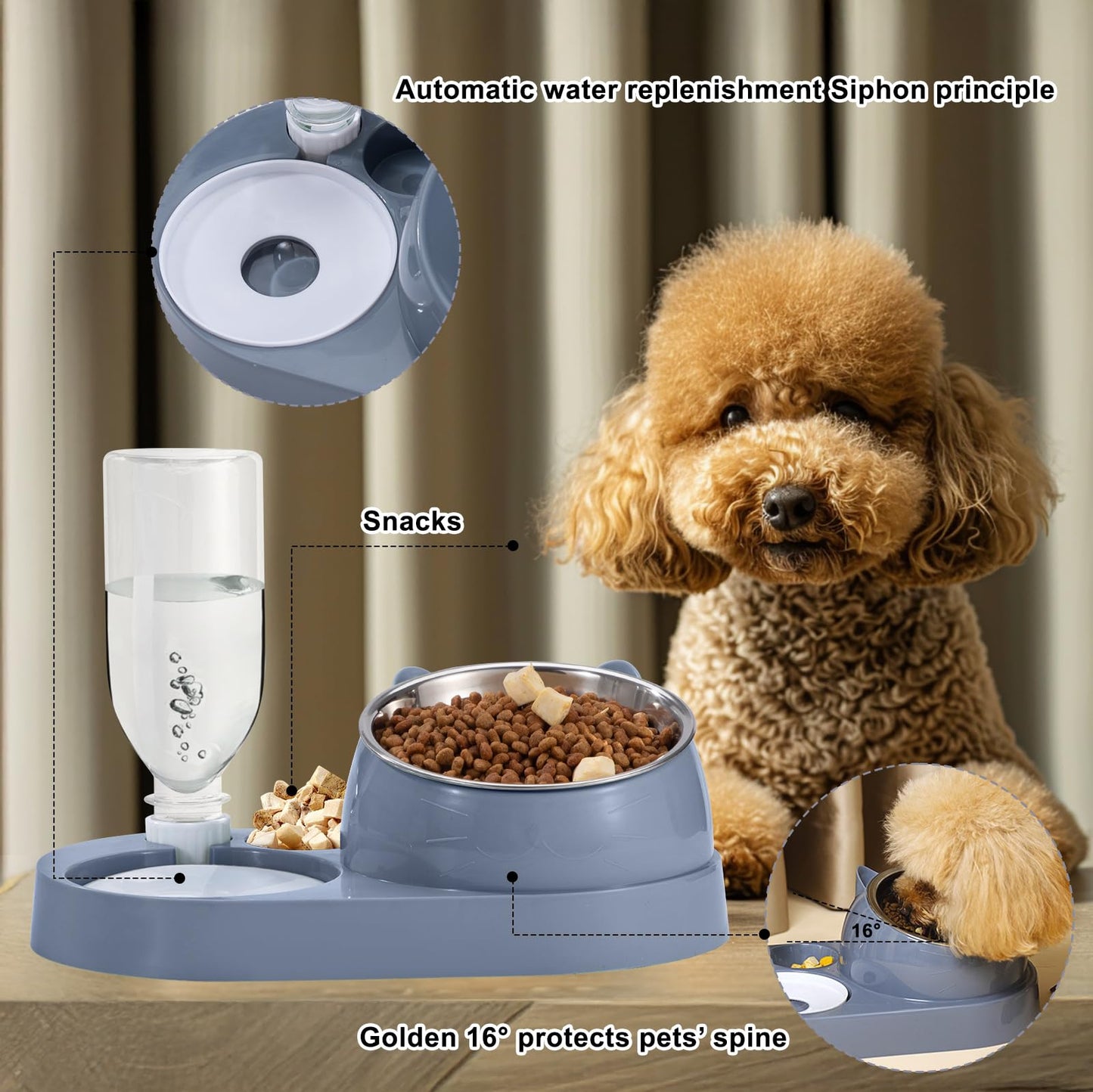 Cat Feeding Station with Automatic Water Bottle, 2-in-1 Raised Bowl Made of Stainless Steel