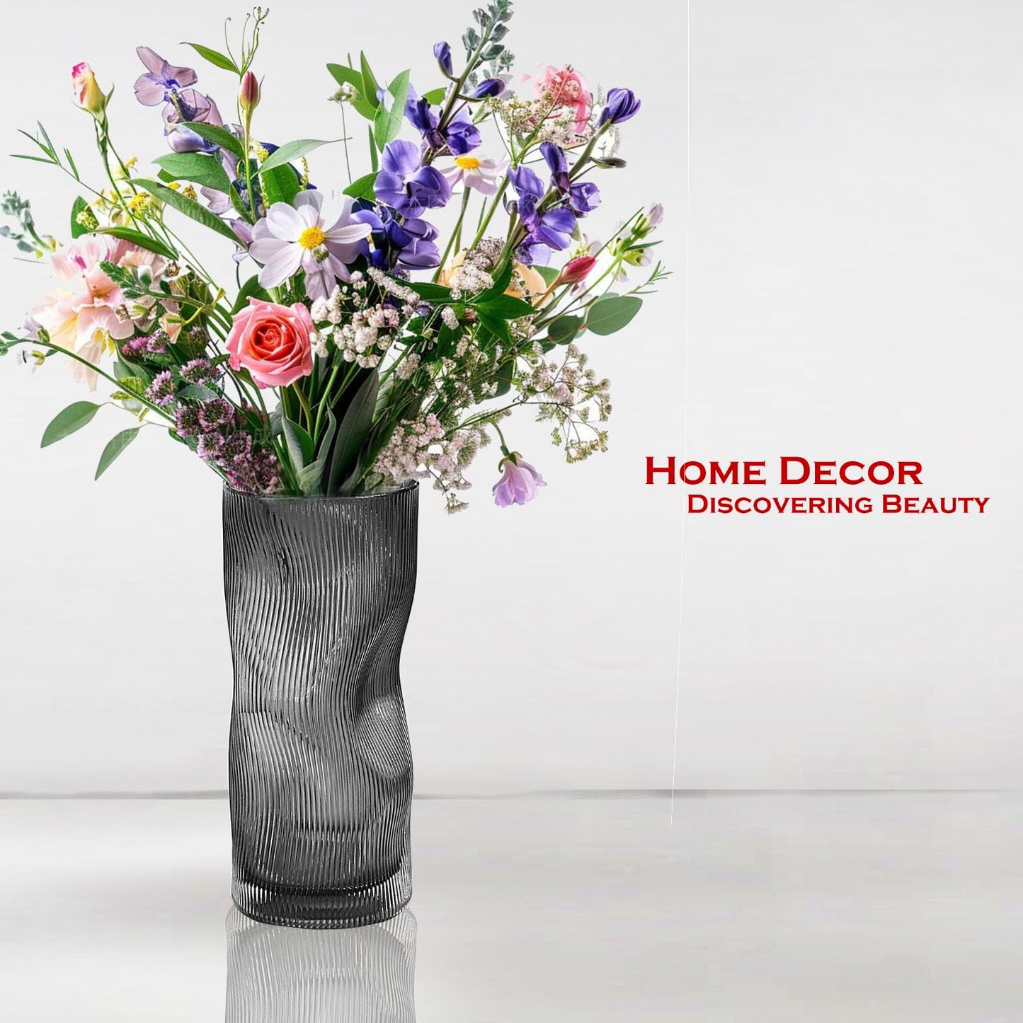 Black Grey Vase, Flower Vase, Large Tall Glass Vases for Decoration, Aesthetic, Large Glass Vase with Ribbed Texture, Modern Living Room, Black Art Decoration