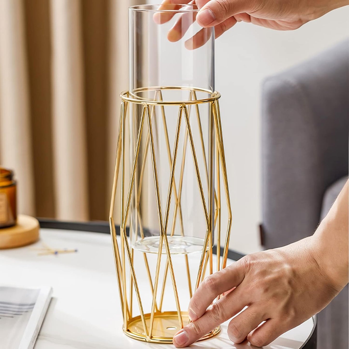 Gold Vases Decoration for Pampas Grass, Scandinavian High Floor Vase with Metal Frame for Wedding Centrepiece or Desk Office, 28 cm High