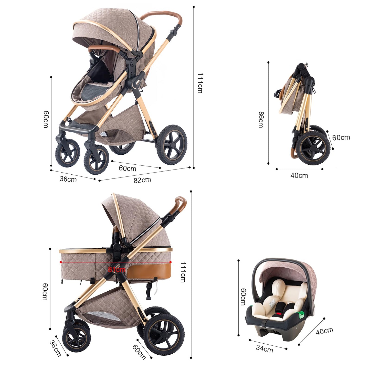 Shineey 3-in-1 Pushchair, Buggy, Foldable Pushchair Set, Combination Pushchair 3-in-1 with Large Comfortable Baby Carrycot Frame, Aluminium Alloy