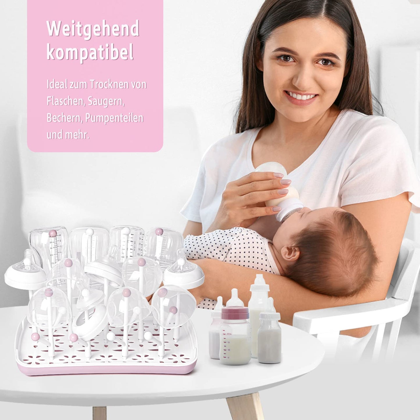 Trockenständer Babyflaschen, Abtropfgestell für Babyflaschen, Flaschen, grauSaugern