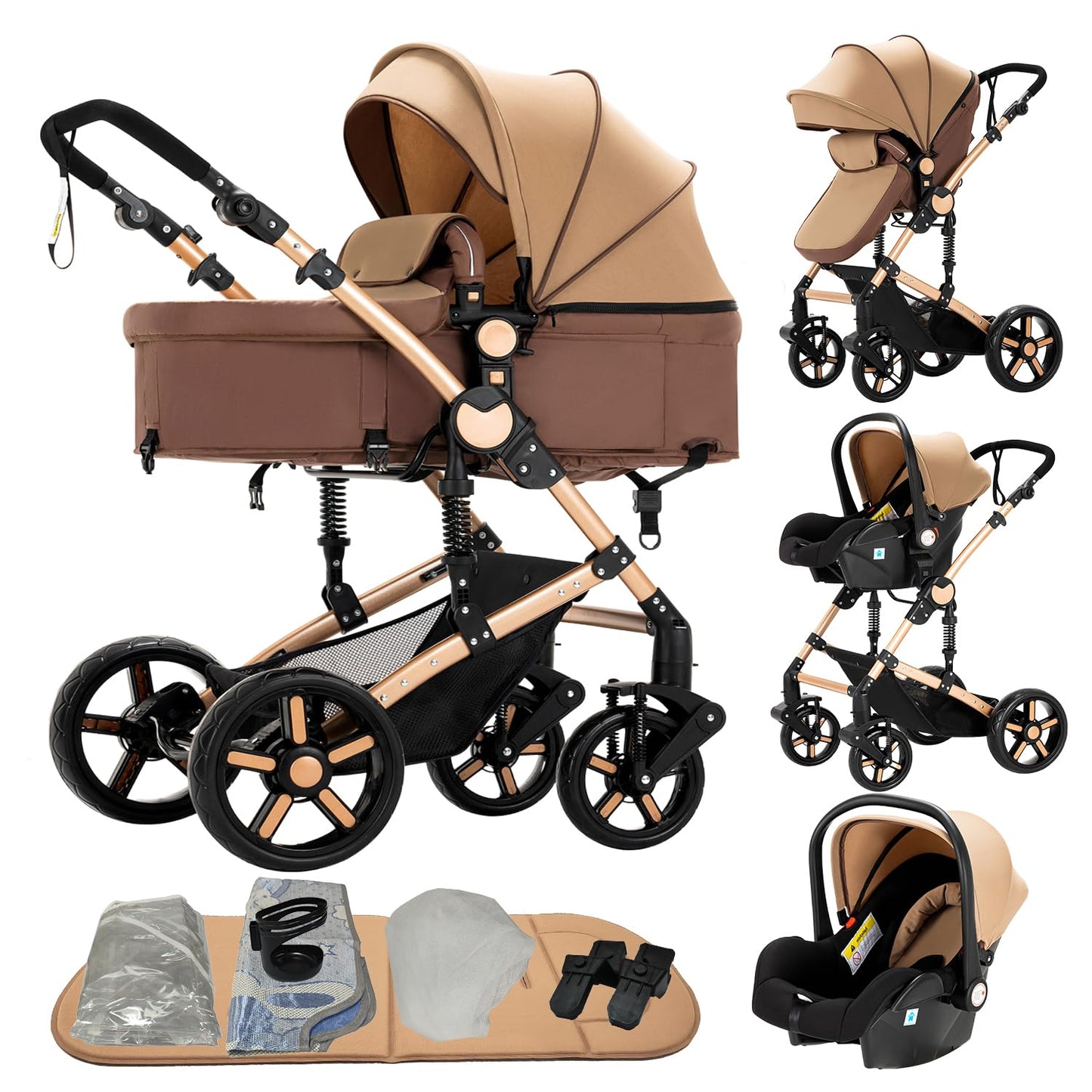 Reenborn 3-in-1 Pushchair, Buggy with Two Reversible Sliding Modes, Pushchair with Frame Aluminium Alloy, Baby Pram, 3-in-1 Complete Set with One-Click Folding Design