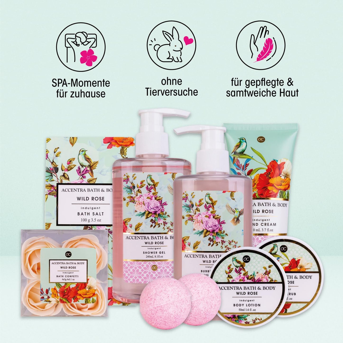 Accentra – Duschset Frauen Geschenkset im Holzkorb – 8-teiliges Pflegeset mit Duschgel, Bodylotion, Badezusätzen, Peeling & Handcreme – Wellness Geschenk Set