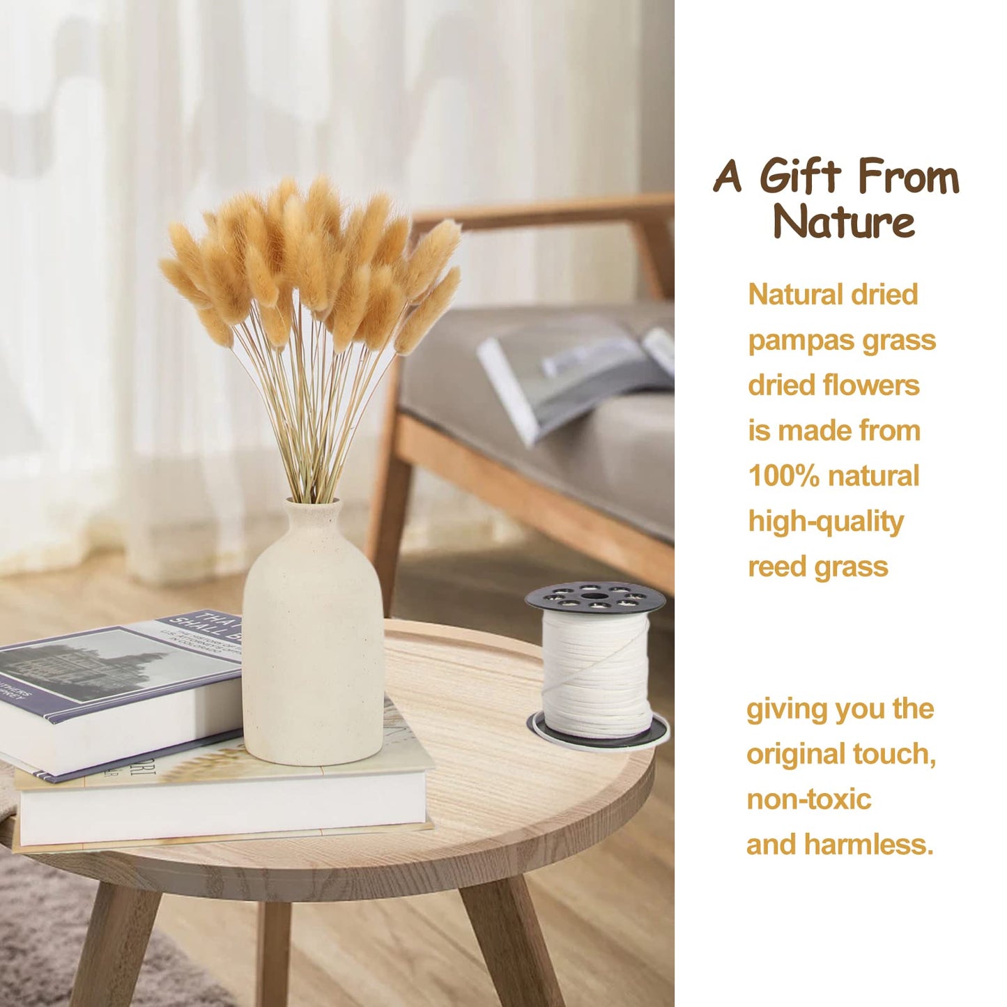 Dried Pampas Grass 60 Pieces Natural Dried Flowers Decoration, Bouquet Reed Flower Decoration for Living Room Bedroom