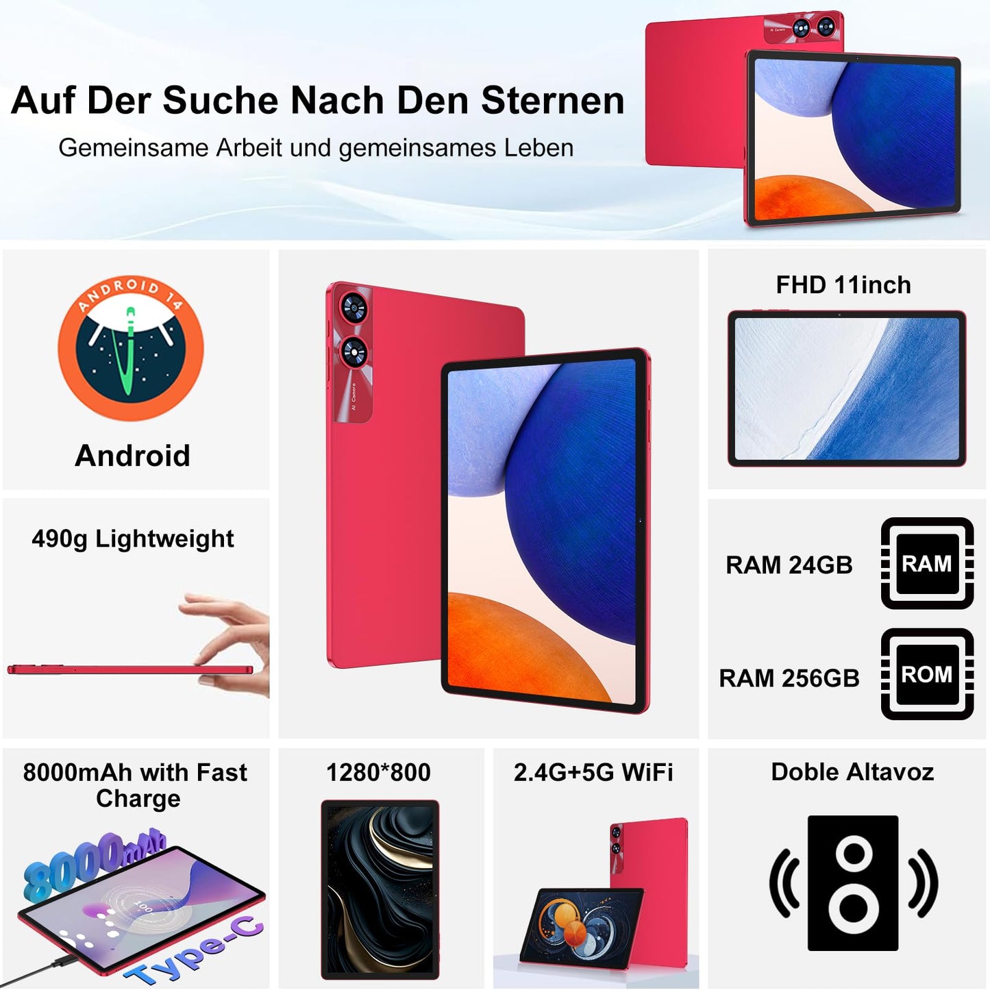 Tablet 11 Zoll Android mit, 24GB RAM 256GB ROM TF 1TB, Octa-Core, GMS, 5G WiFi 6, Bluetooth 5.0