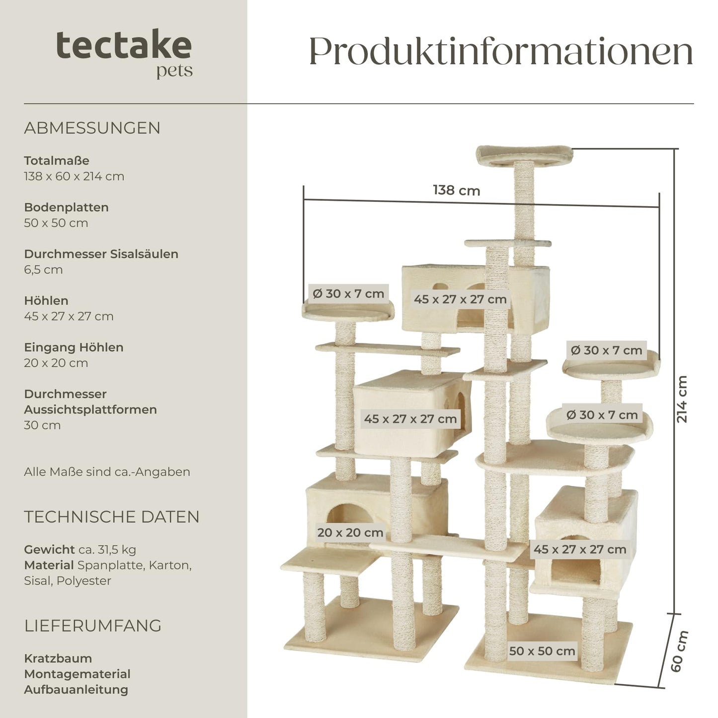tectake® Katzen Kratzbaum mit Zubehör für Katze groß XXL, Spielturm mit Kratzsäule