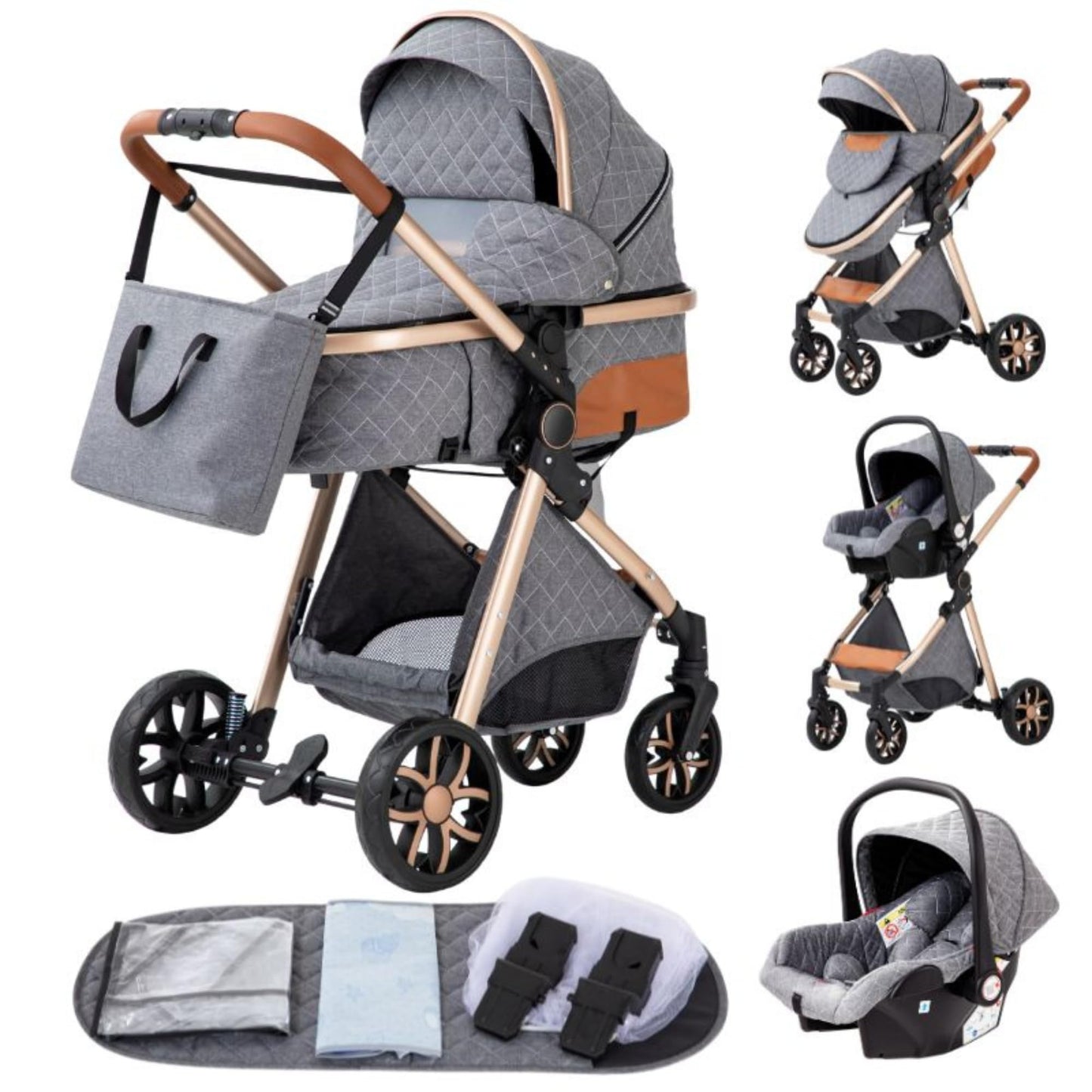 YAZOCO kinderwagen 3 in 1 Buggy Babybett Komplett Set Einem Klick Zusammenklappbarer Kinderwagen, KombiKinderwagen Aluminiumrahmen für Neugeborene