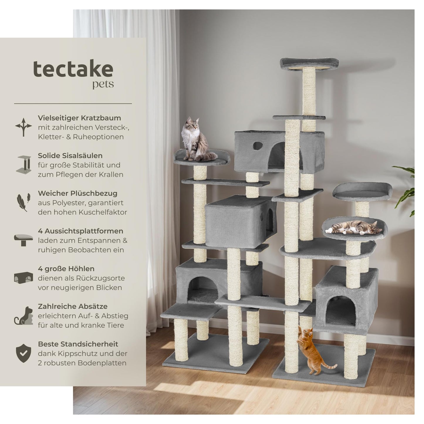 tectake® Katzen Kratzbaum mit Zubehör für Katze groß XXL, Spielturm mit Kratzsäule