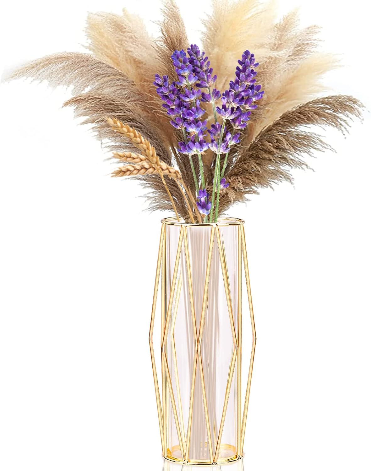 Gold Vases Decoration for Pampas Grass, Scandinavian High Floor Vase with Metal Frame for Wedding Centrepiece or Desk Office, 28 cm High