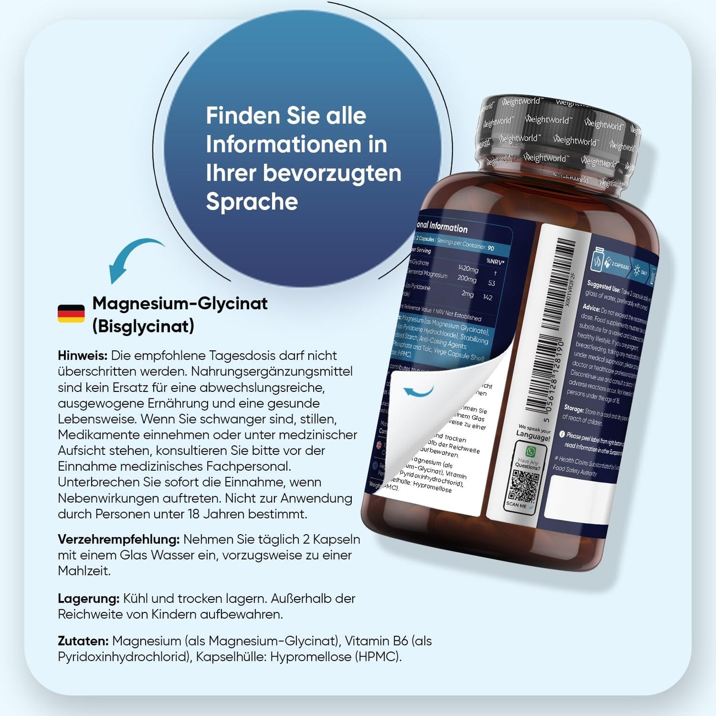 Magnesium Bisglycinat Kapseln - 1420mg Magnesiumbisglycinat mit Vitamin B6-200mg elementes Magnesium - Glycinat Form - 180 vegane Kapseln - 3 Monate Vorrat - Alternative zu Pulver