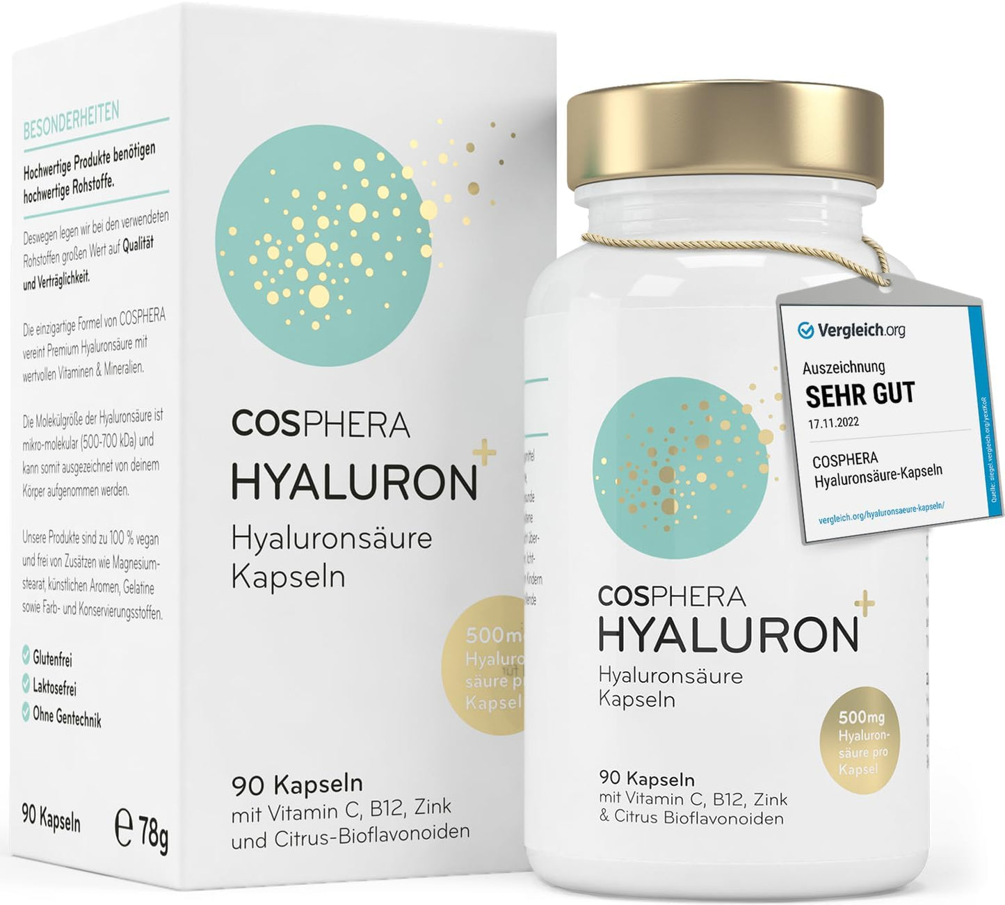 Hyaluronsäure Kapseln hochdosiert mit 500 mg pro Kapsel - 90 vegane Hyaluron Kapseln im 3 Monatsvorrat - 500-700 kDa I Angereichert mit Zink als Beitrag zum Erhalt normaler Haut und Knochen.
