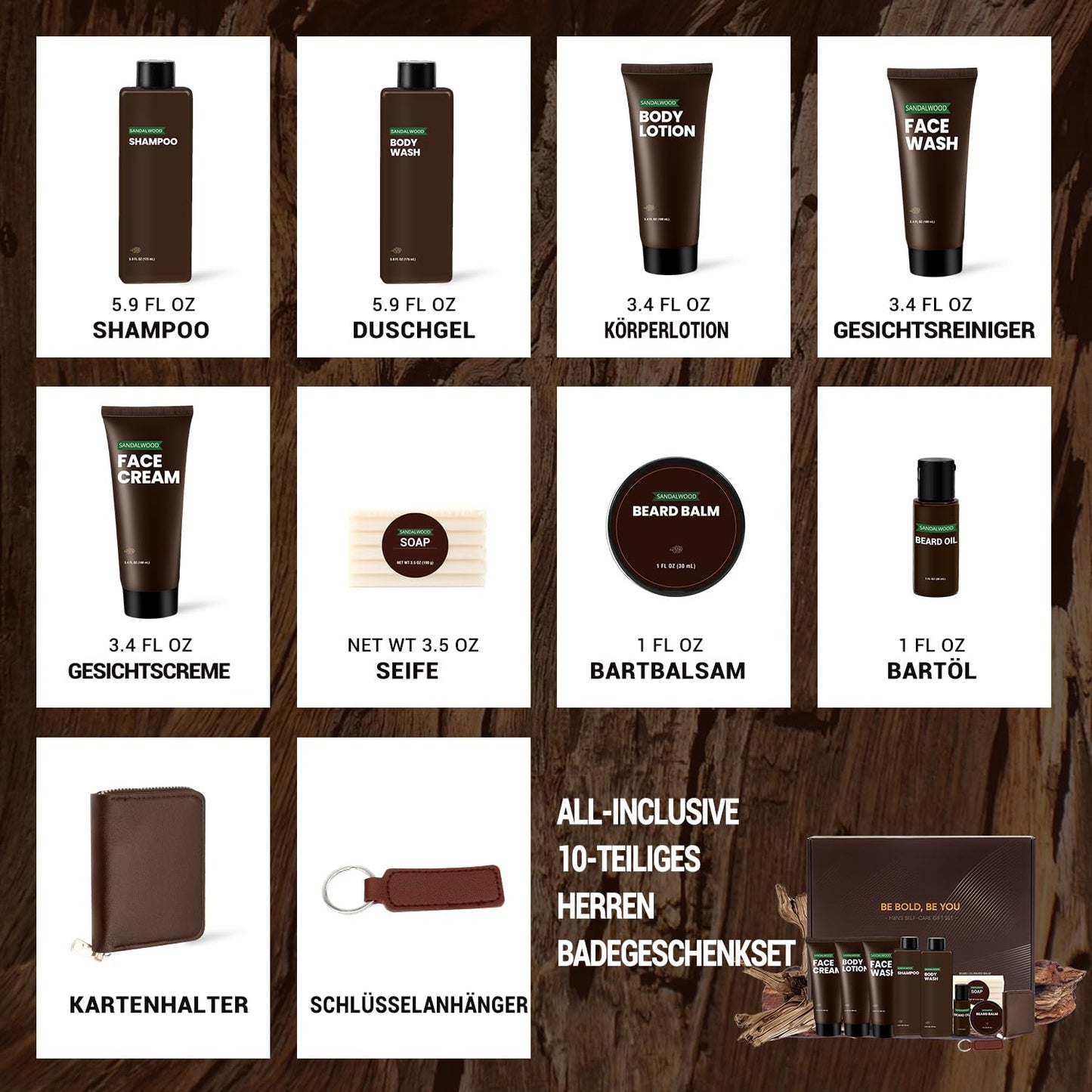 BODY & EARTH Men's Care Gift Set Sandalwood, 10-Piece Care Set with Beard Oil