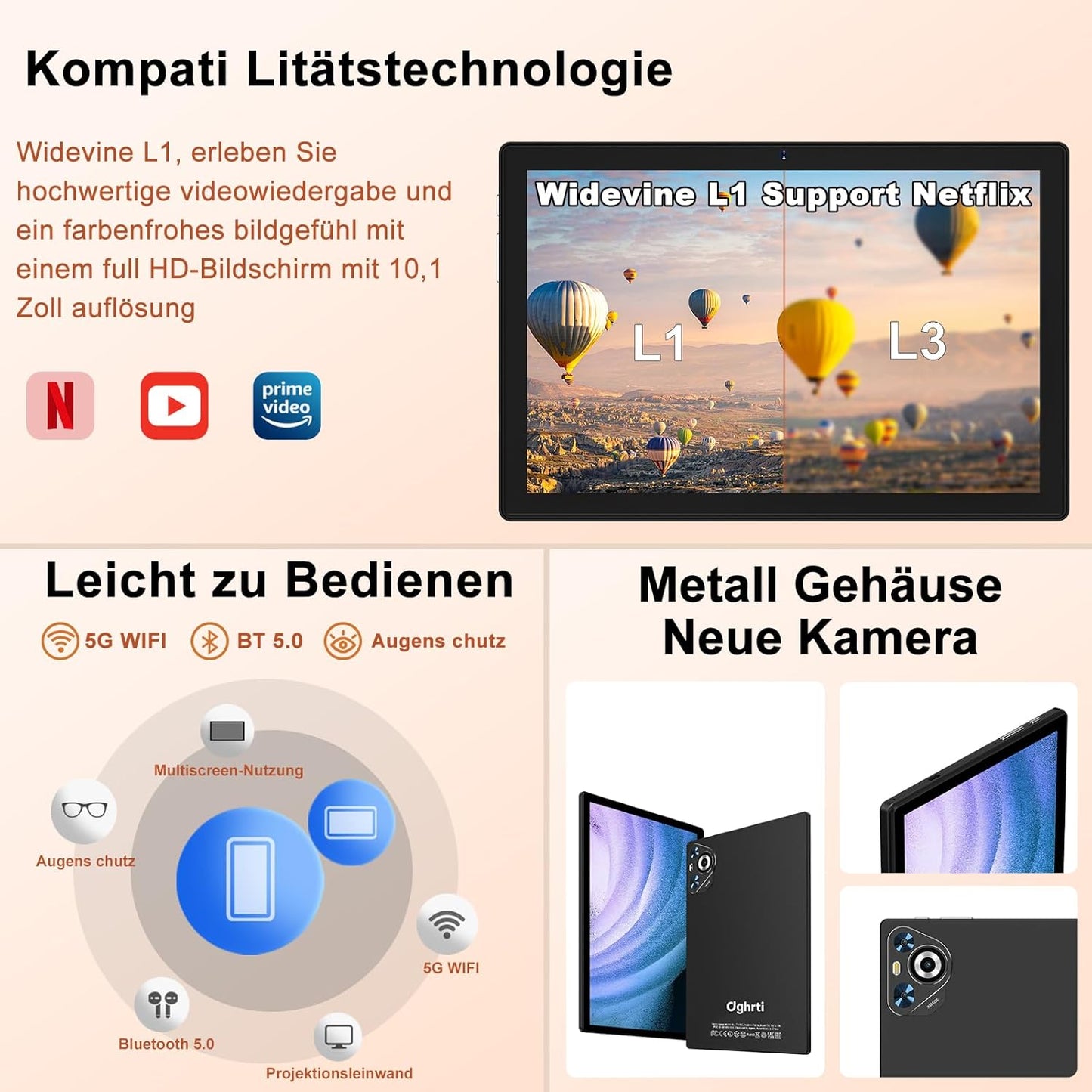 Tablet 10 Zoll Android 14, 22GB RAM 128GB ROM/TF 1TB, Octa-Core Prozessor, 8000mAh, BT5.0, 8MP+5MP, Dual WLAN, Face ID, Widevine L1, Augenschutz, Tablet mit Tastatur & Maus Metallkörper-Schwarz