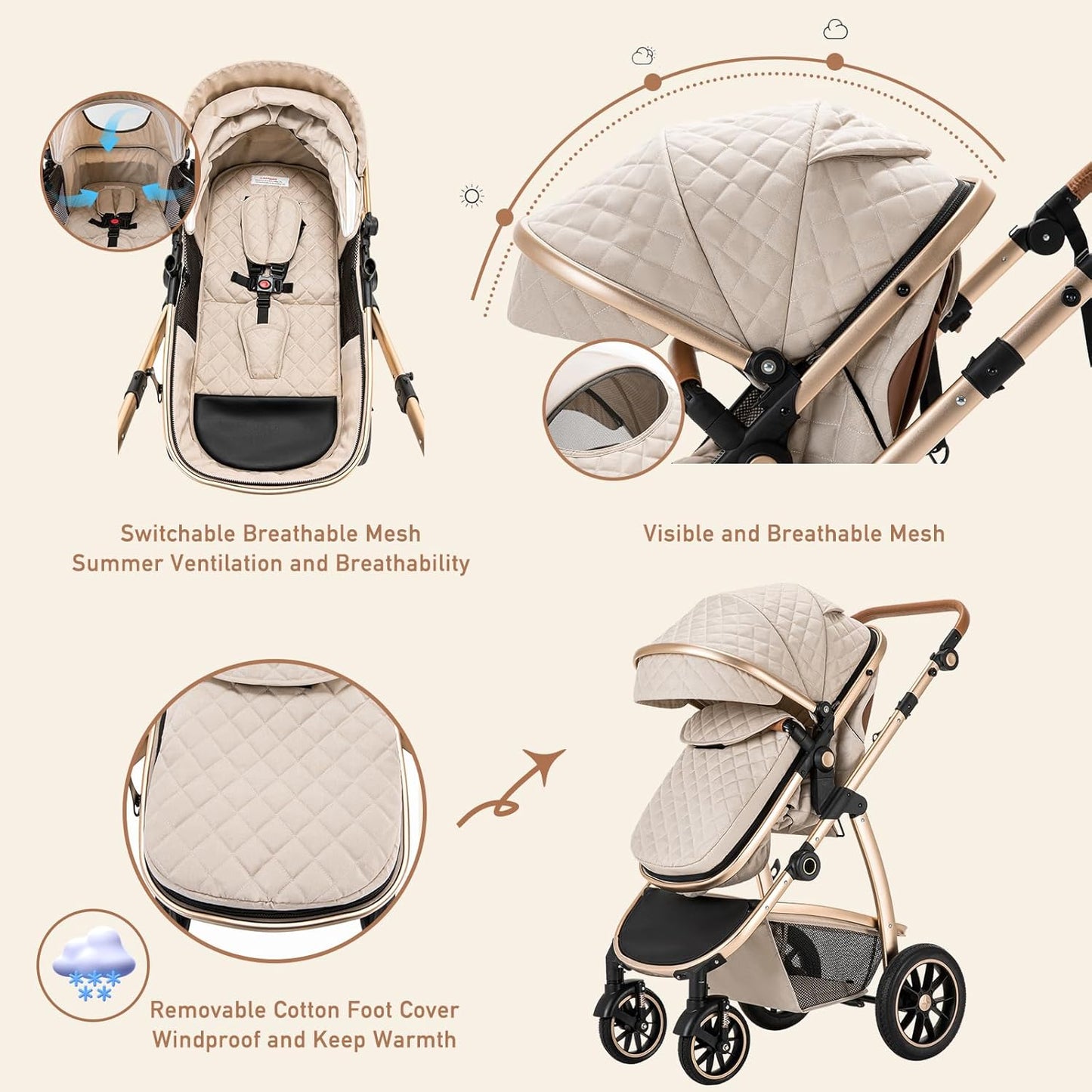 3-in-1 Pram Set with Seat, Baby Bed is Foldable, Adjustable Reclining Position,up to 15 kg, 0-3 Years
