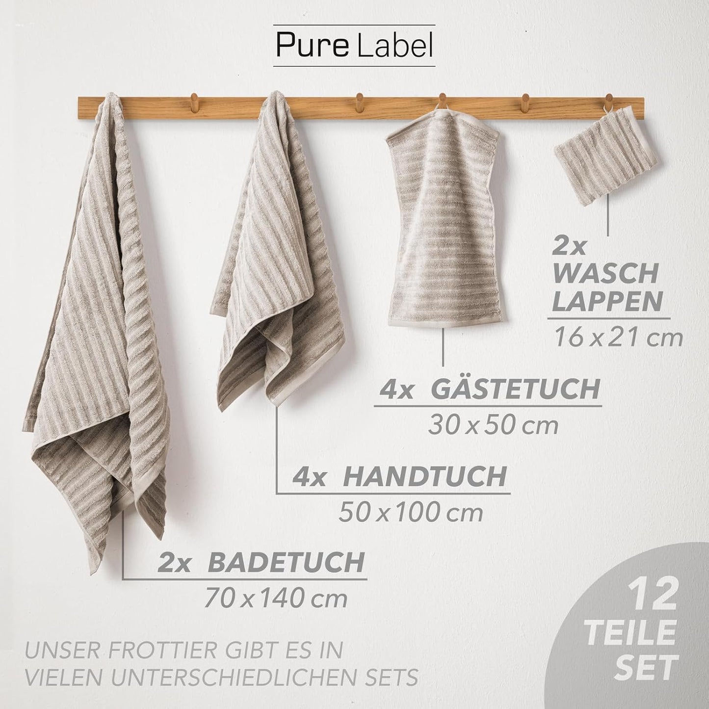 Pure Label 6-Piece Hand Towel Set with Hanging Loops Made of 100% Cotton, Absorbent and Soft, 2 x Bath Towels (70 x 140 cm), 2 x Hand Towels (50 x 100 cm), 2 x Guest Towels (30 x 50 cm),