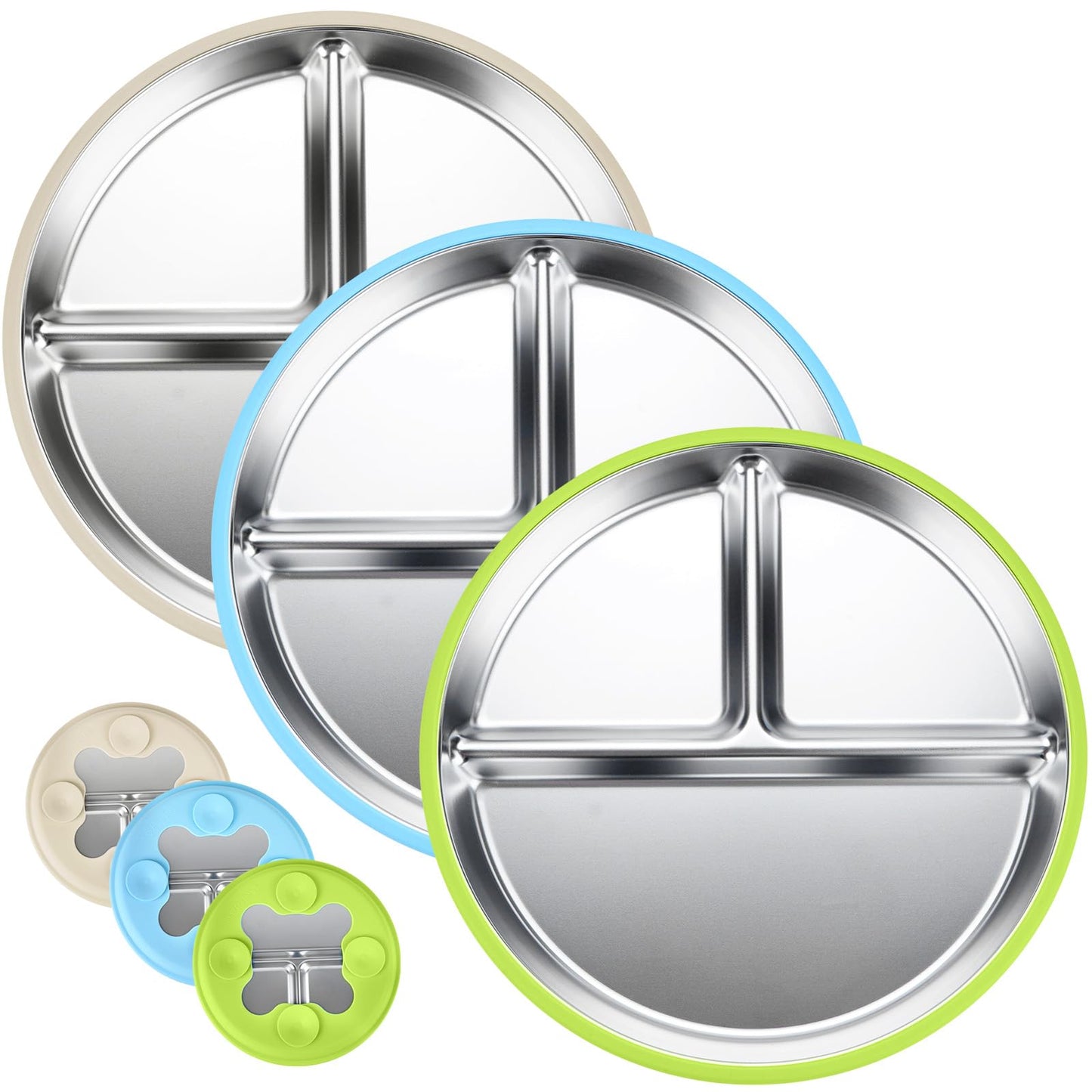 Geschirr Set 6 x Stainless Steel Baby Plates with Suction Cup, 2 Porridge Bowls Baby Bowl and 2 Spoon Forks