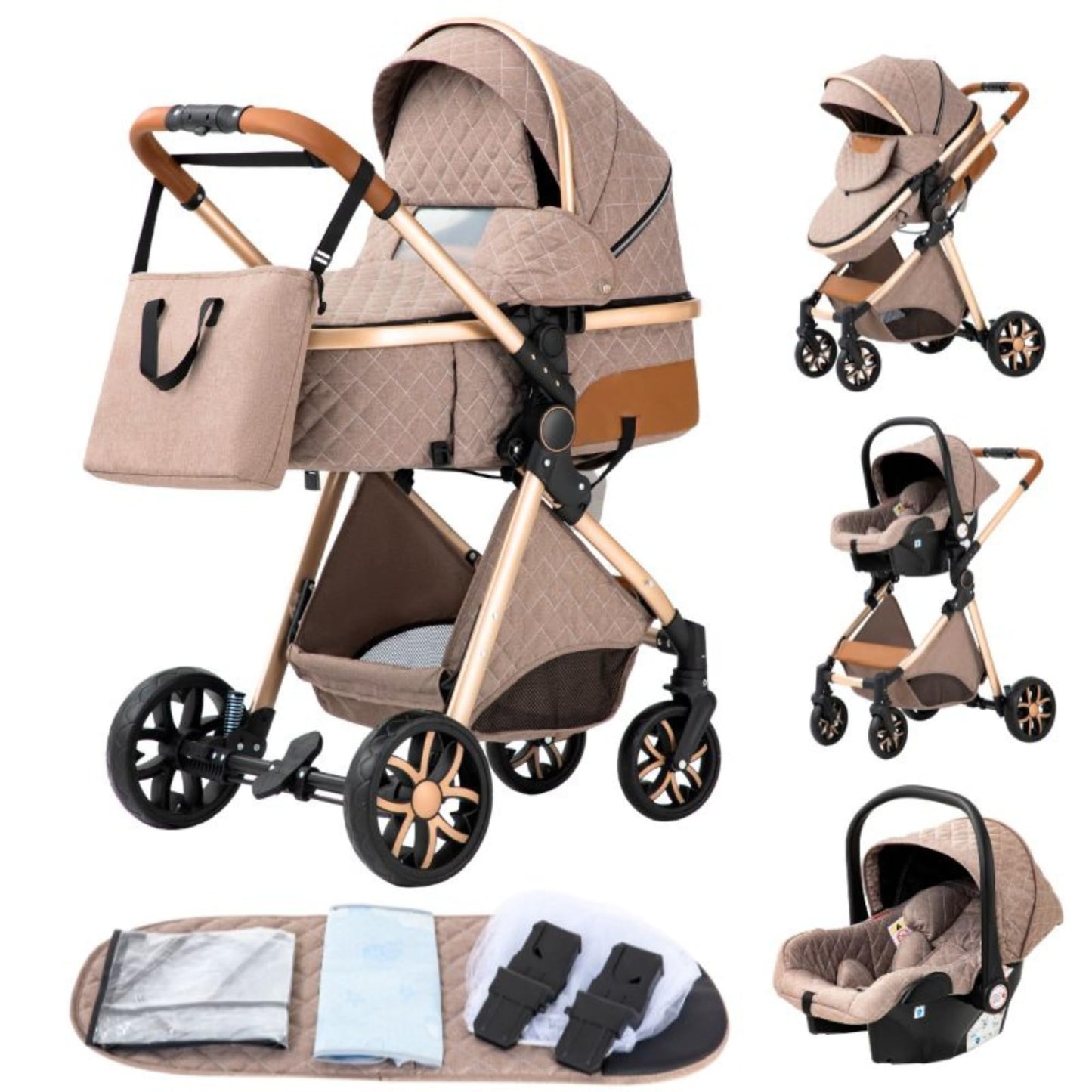 YAZOCO kinderwagen 3 in 1 Buggy Babybett Komplett Set Einem Klick Zusammenklappbarer Kinderwagen, KombiKinderwagen Aluminiumrahmen für Neugeborene