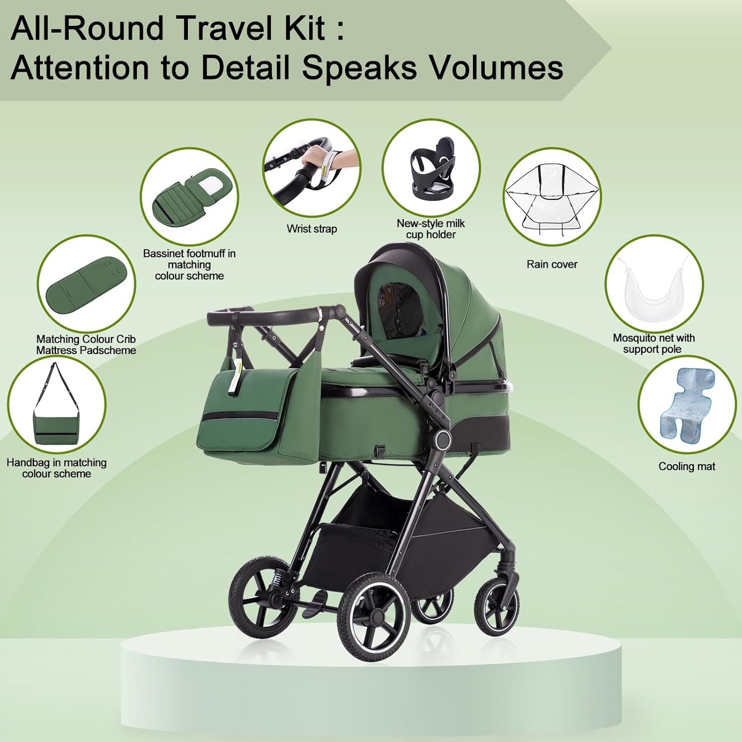 3-in-1 Pram Set with Seat, Baby Bed is Foldable, Adjustable Reclining Position,up to 15 kg, 0-3 Years