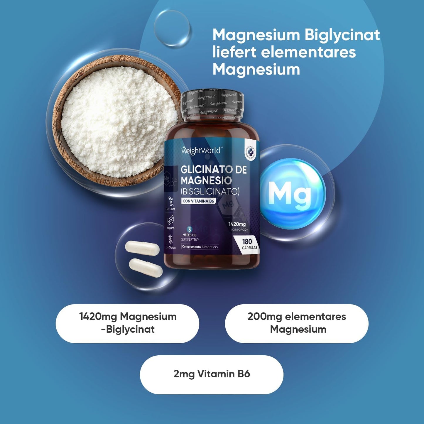 Magnesium Bisglycinat Kapseln - 1420mg Magnesiumbisglycinat mit Vitamin B6-200mg elementes Magnesium - Glycinat Form - 180 vegane Kapseln - 3 Monate Vorrat - Alternative zu Pulver