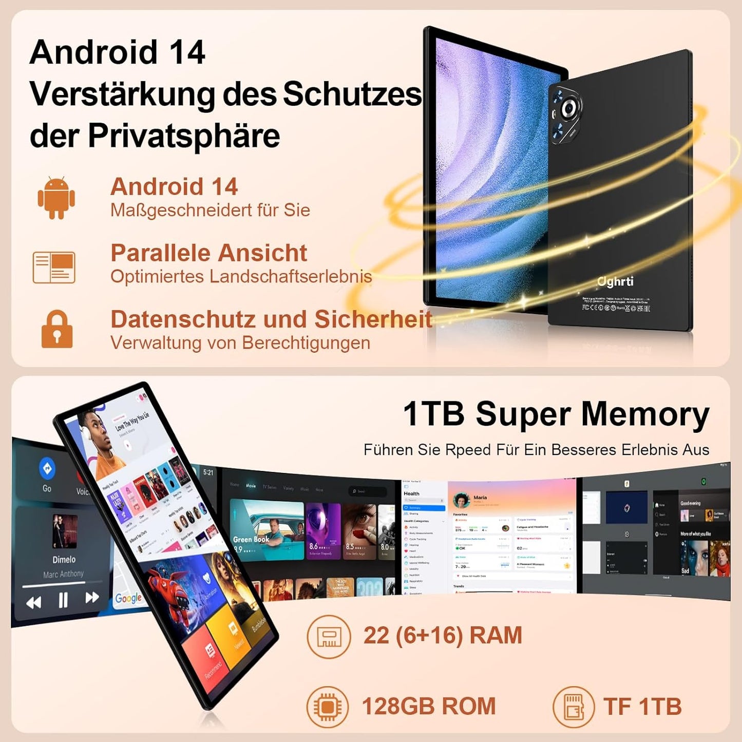 Tablet 10 Zoll Android 14, 22GB RAM 128GB ROM/TF 1TB, Octa-Core Prozessor, 8000mAh, BT5.0, 8MP+5MP, Dual WLAN, Face ID, Widevine L1, Augenschutz, Tablet mit Tastatur & Maus Metallkörper-Schwarz