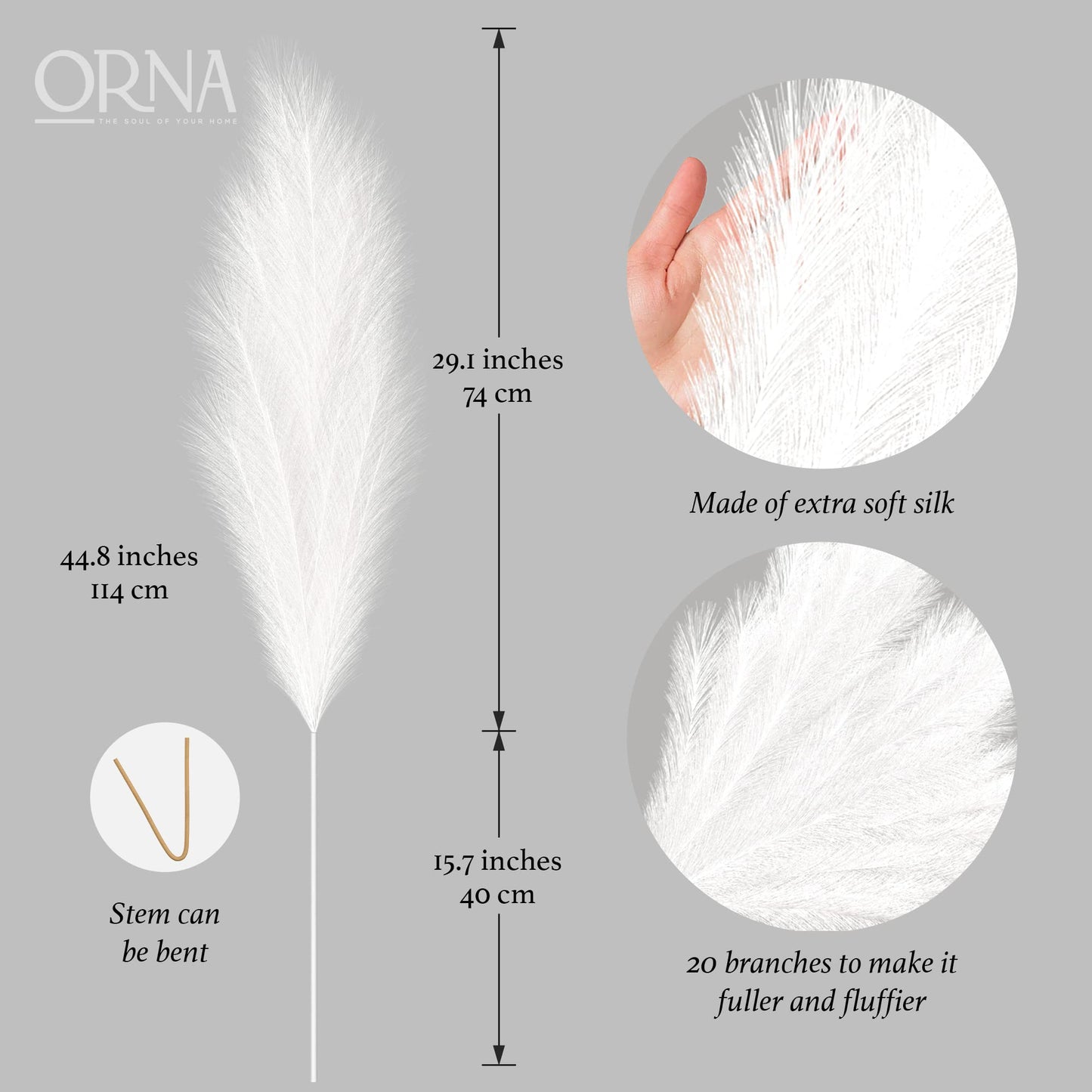 ORNA Artificial Pampas Grass Artificial Flower Long Branches Extra Fluffy 114 cm High (3 Stems x 20 Forks) for Modern Home Decoration