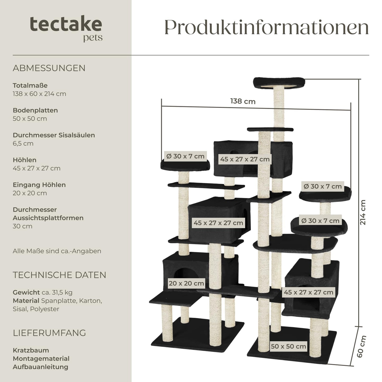 tectake® Katzen Kratzbaum mit Zubehör für Katze groß XXL, Spielturm mit Kratzsäule