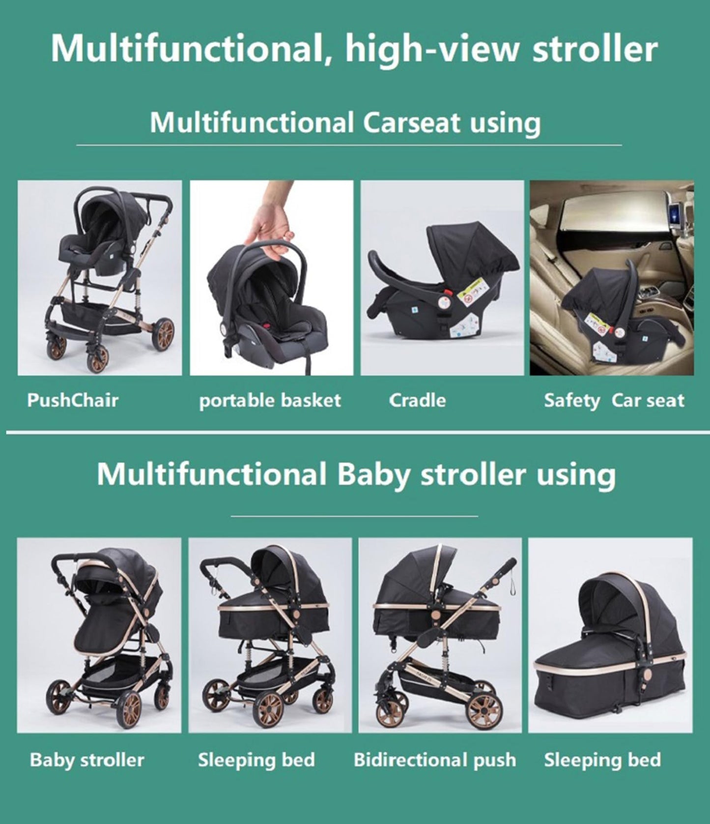 Reenborn 3-in-1 Pushchair, Buggy with Two Reversible Sliding Modes, Pushchair with Frame Aluminium Alloy, Baby Pram, 3-in-1 Complete Set with One-Click Folding Design