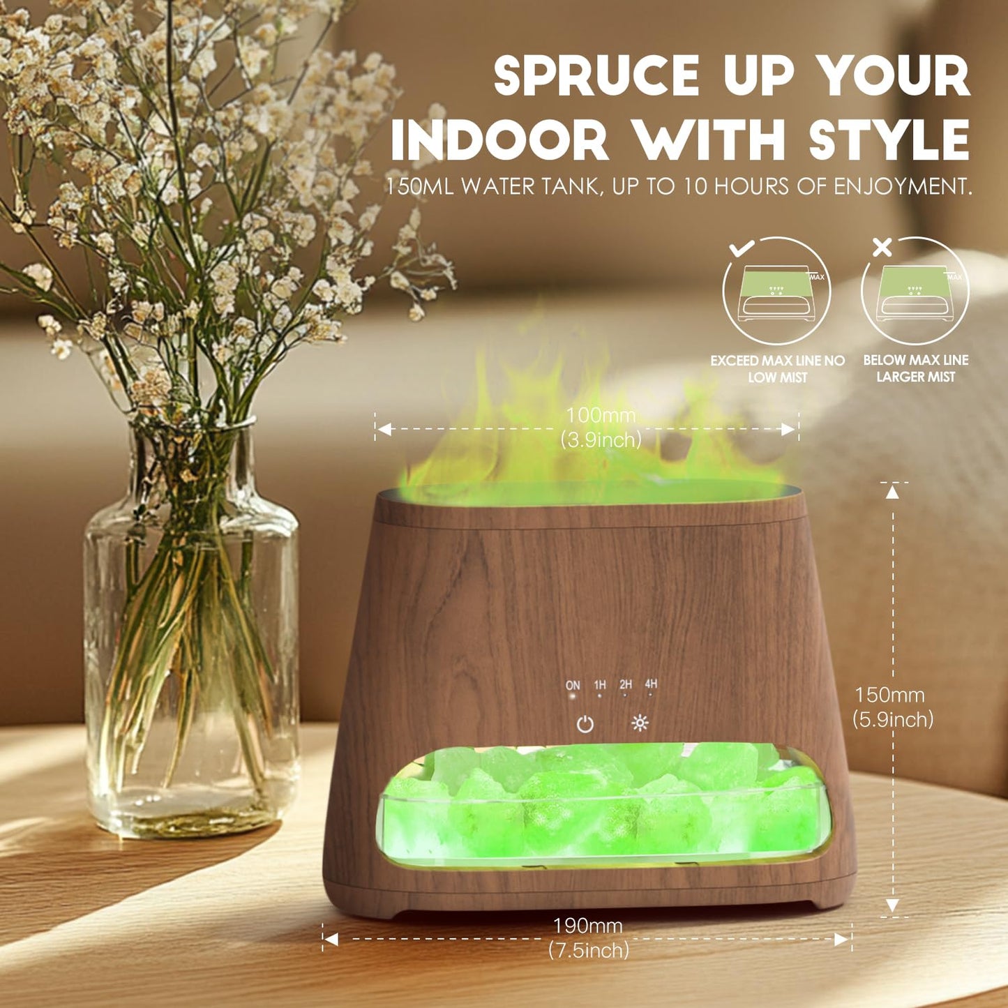 2-in-1 Aroma Diffuser & Salt Range Pakistan Light, Flame Effect for Essential Oils, Humidifier with 3 Brightness, 150 ml