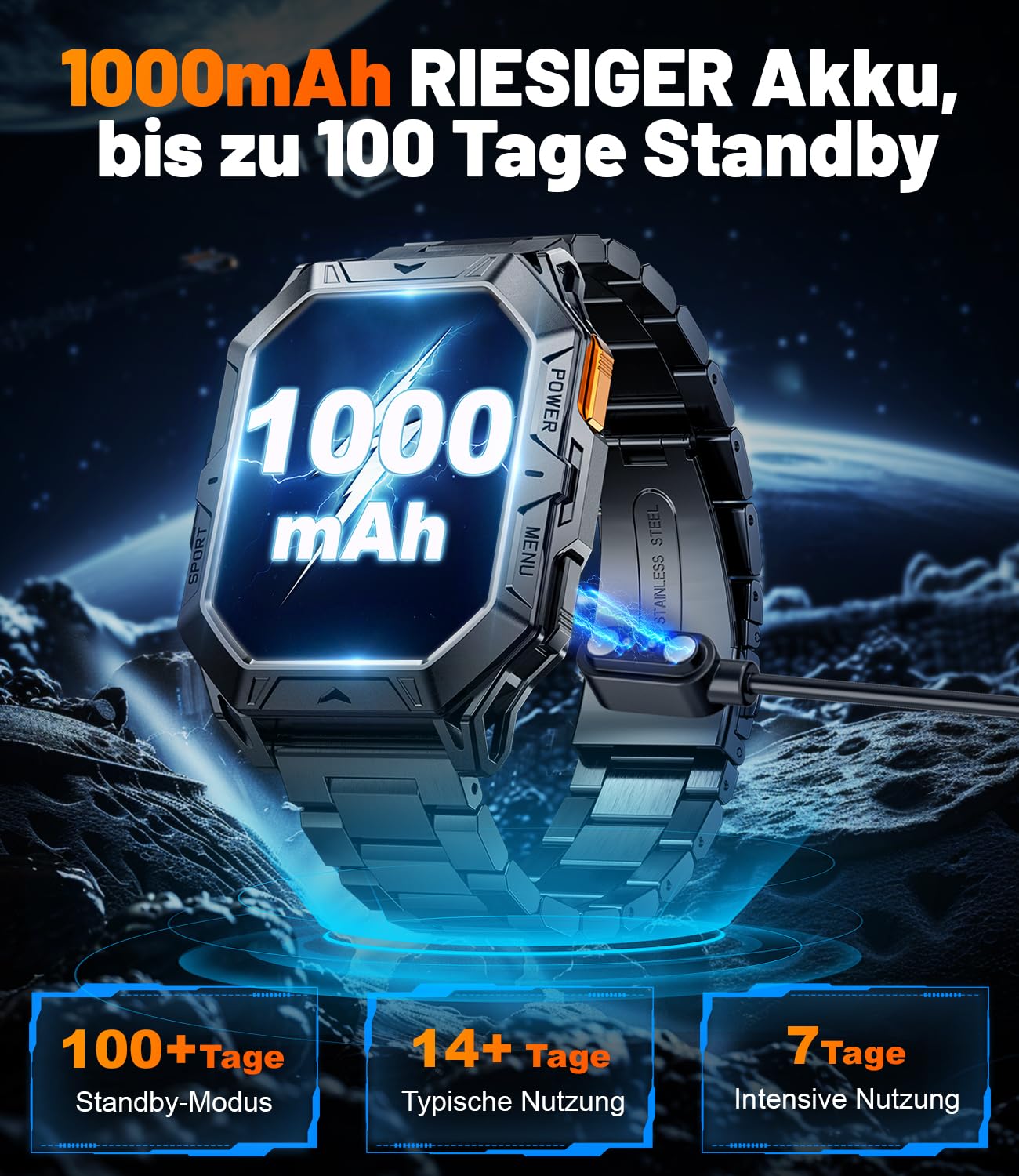 Smartwatch Herren MilitĂ€r, 2.13" AMOLED mit 256 MB,1000mAh Akku, Barometerdruck/ Höhenmesser/Kompass, Smart Watch mit Telefonfunktion, 100+ Sportmodi Fitness-Tracker, 10ATM Wasserdicht fĂŒr Android iOS