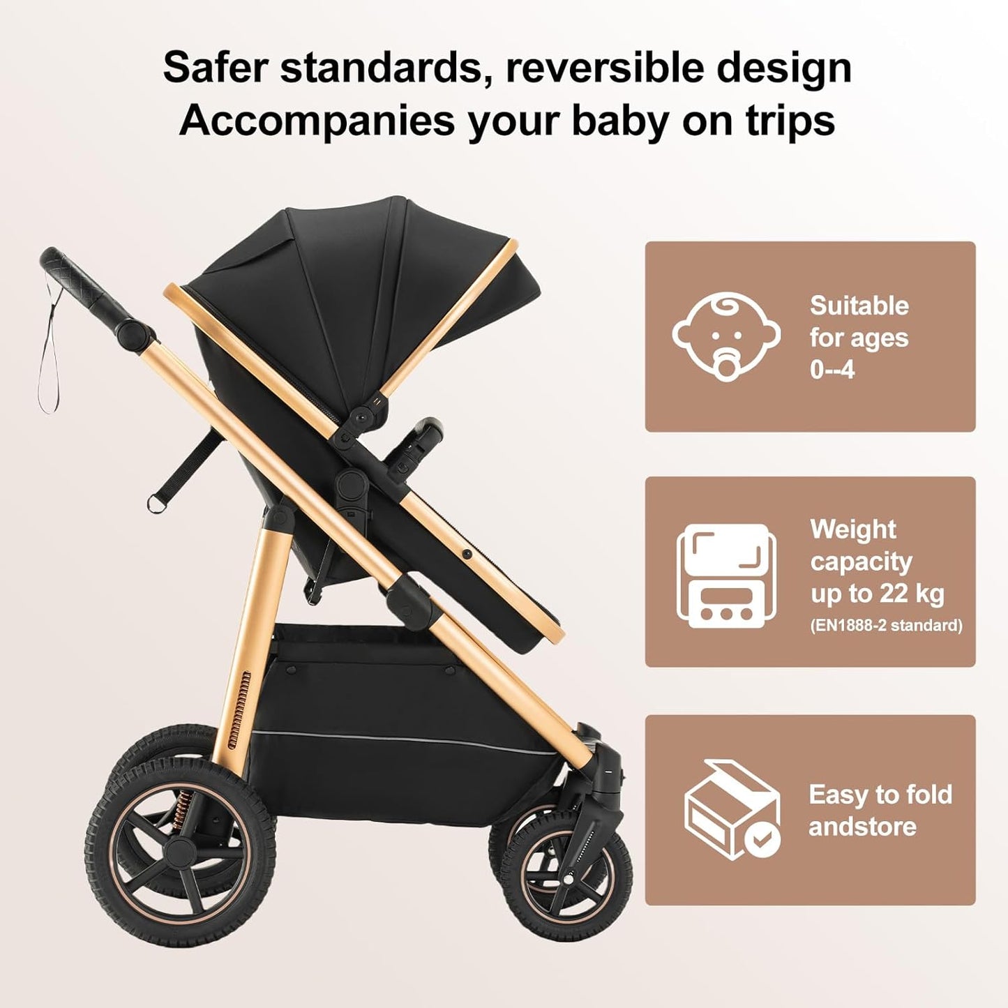 3-in-1 Pram Set with Seat, Baby Bed is Foldable, Adjustable Reclining Position,up to 15 kg, 0-3 Years