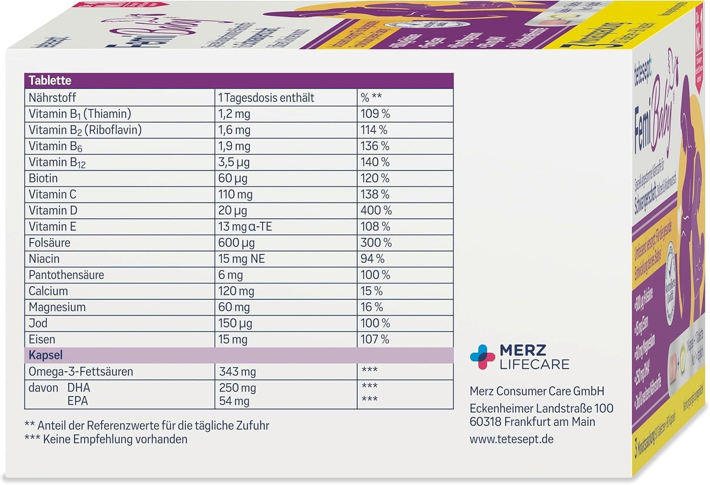 Tetesept Femi Baby - 16 Nutrients for Desiring Children, Pregnancy & Breastfeeding - with Folic Acid, Iron, Iodine + DHA - 1 x 3 Month Pack of 90 Tablets + 90 Capsules