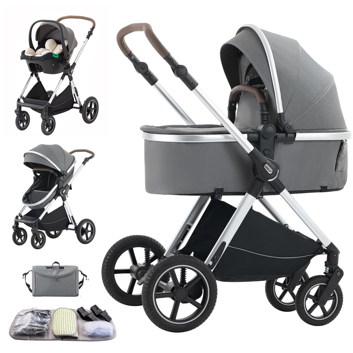 Shineey 3-in-1 Pushchair, Buggy, Foldable Pushchair Set, Combination Pushchair 3-in-1 with Large Comfortable Baby Carrycot Frame, Aluminium Alloy