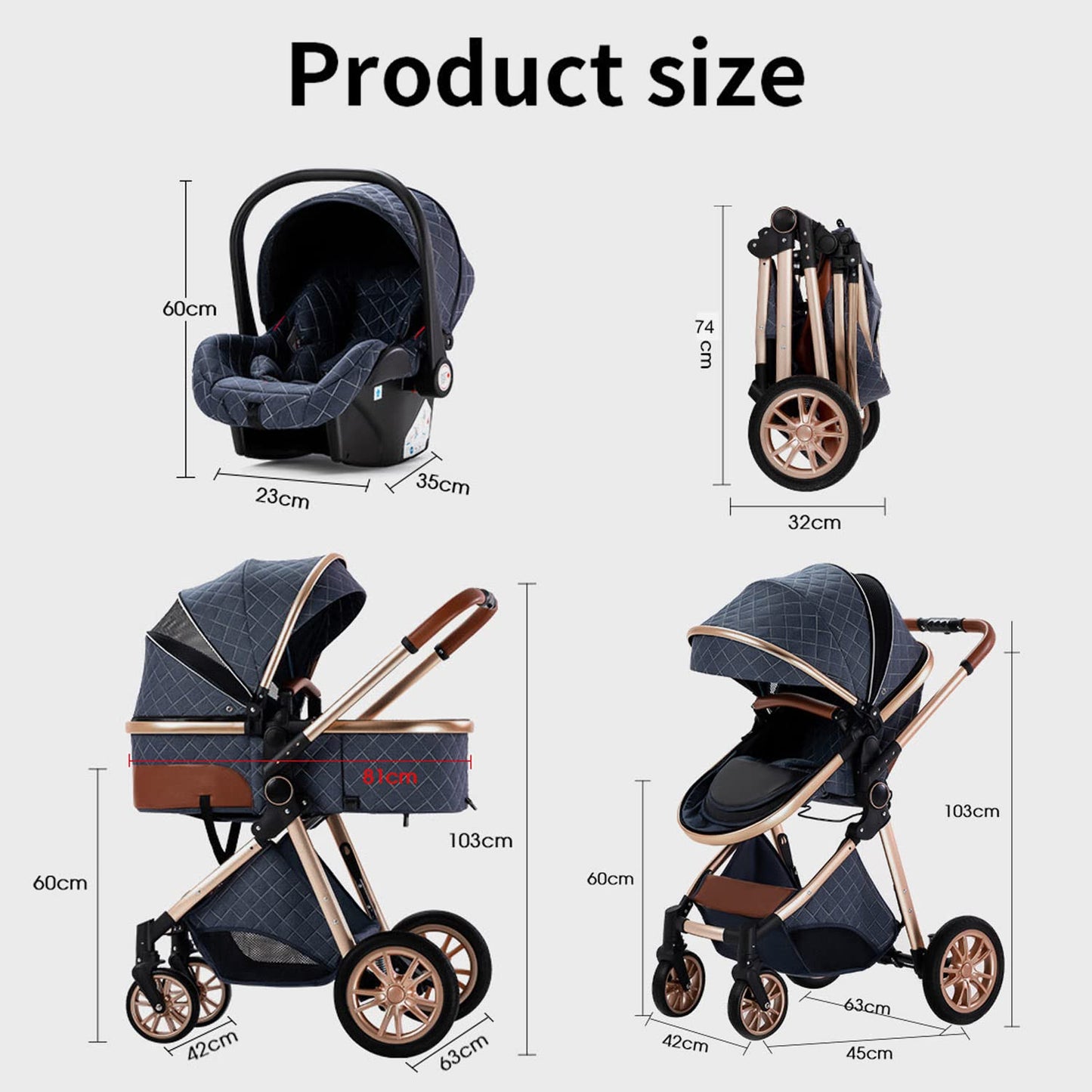 3-in-1 Pram Set with Seat, Baby Bed is Foldable, Adjustable Reclining Position,up to 15 kg, 0-3 Years