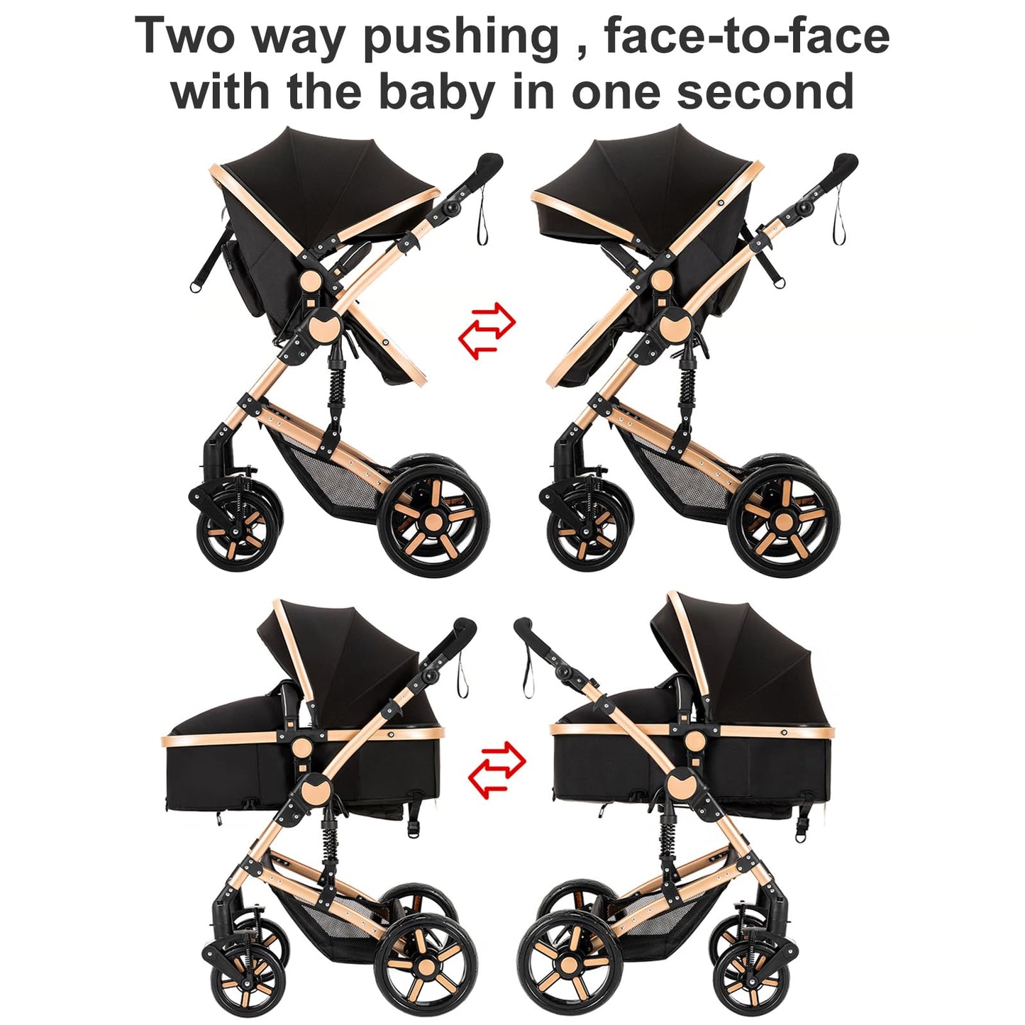 Reenborn 3-in-1 Pushchair, Buggy with Two Reversible Sliding Modes, Pushchair with Frame Aluminium Alloy, Baby Pram, 3-in-1 Complete Set with One-Click Folding Design