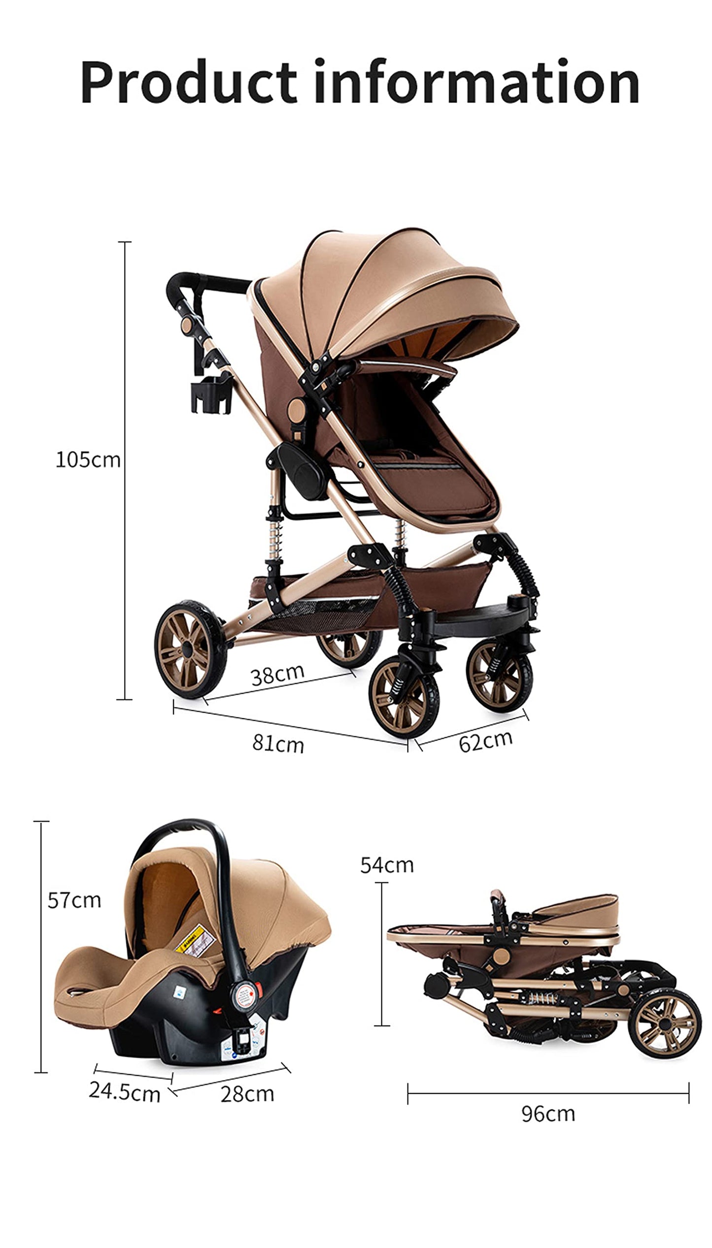 Reenborn 3-in-1 Pushchair, Buggy with Two Reversible Sliding Modes, Pushchair with Frame Aluminium Alloy, Baby Pram, 3-in-1 Complete Set with One-Click Folding Design