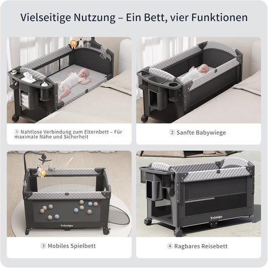 Trimigo 4-in-1 Baby Cot, Travel Cot, Height Adjustable, Children's Travel Cot & Side Cot, 120 x 70 cm