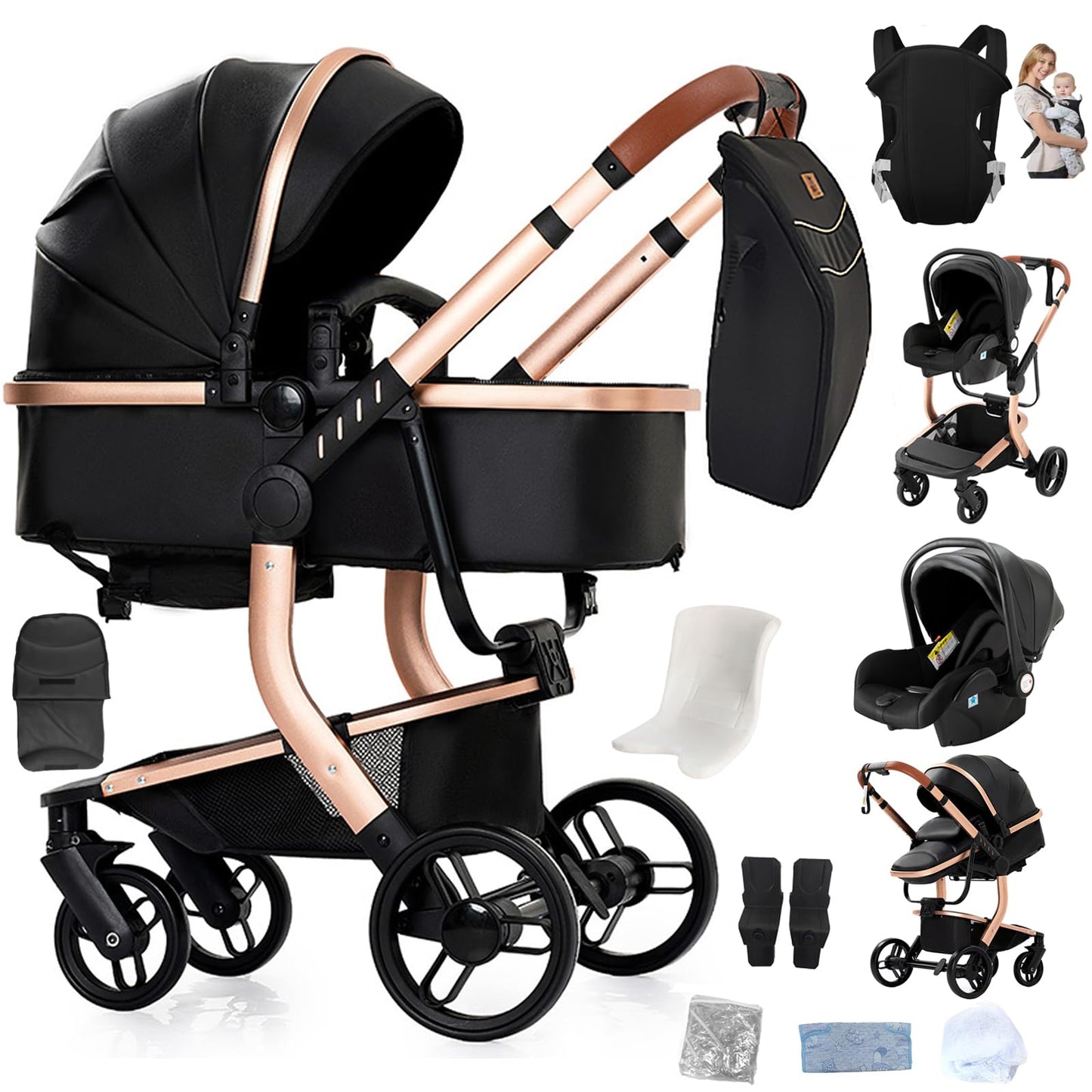 Reenborn 3-in-1 Pushchair, Buggy with Two Reversible Sliding Modes, Pushchair with Frame Aluminium Alloy, Baby Pram, 3-in-1 Complete Set with One-Click Folding Design
