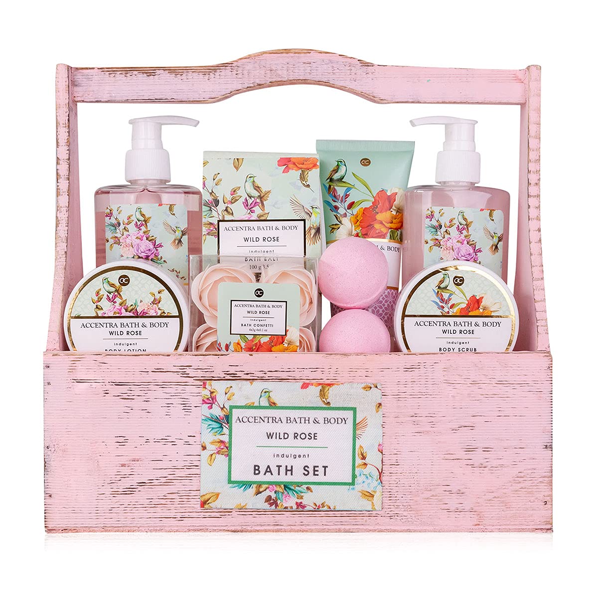 Accentra – Duschset Frauen Geschenkset im Holzkorb – 8-teiliges Pflegeset mit Duschgel, Bodylotion, Badezusätzen, Peeling & Handcreme – Wellness Geschenk Set