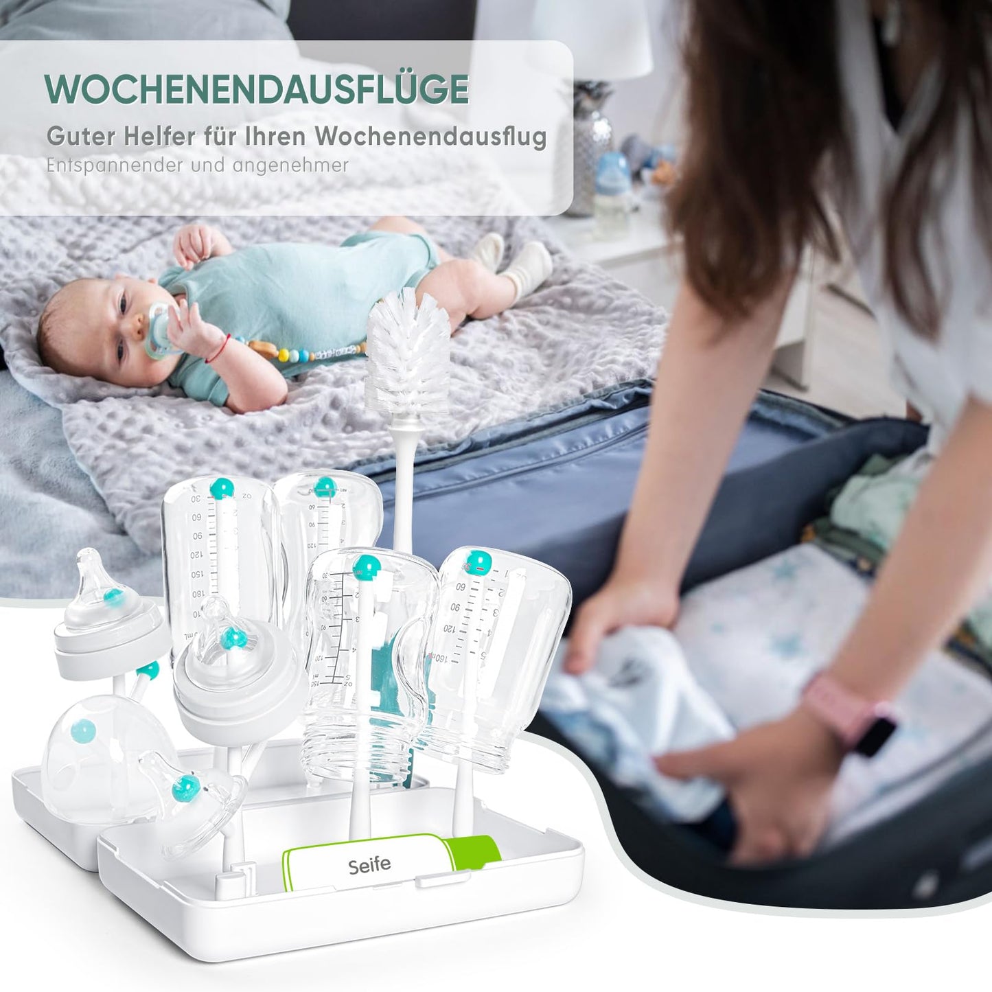 Trockenständer Babyflaschen, Abtropfgestell für Babyflaschen, Flaschen, grauSaugern