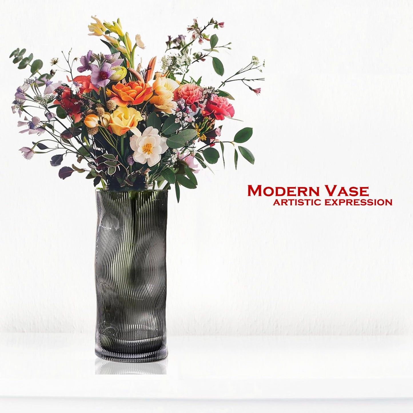 Black Grey Vase, Flower Vase, Large Tall Glass Vases for Decoration, Aesthetic, Large Glass Vase with Ribbed Texture, Modern Living Room, Black Art Decoration