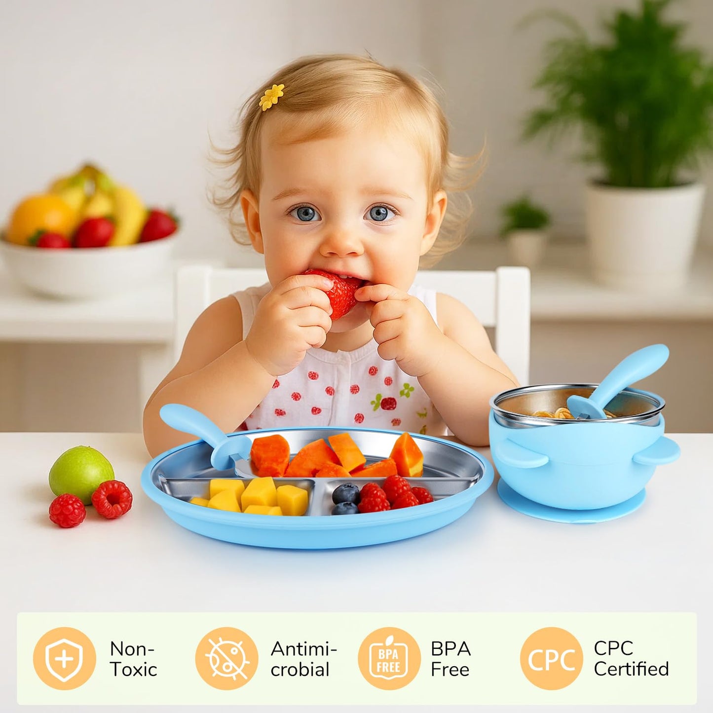 Geschirr Set 6 x Stainless Steel Baby Plates with Suction Cup, 2 Porridge Bowls Baby Bowl and 2 Spoon Forks