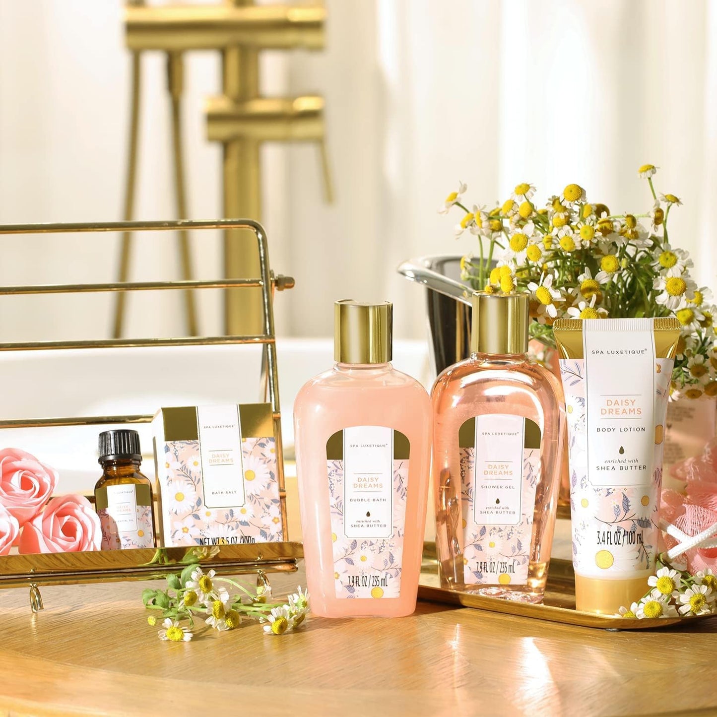 SPA LUXETIQUE Wellness Set für Frauen - 8tlg Rosenduft Bade Geschenkset für Frauen, Geburtstagsgeschenk Beauty Set mit Deko Badewanne