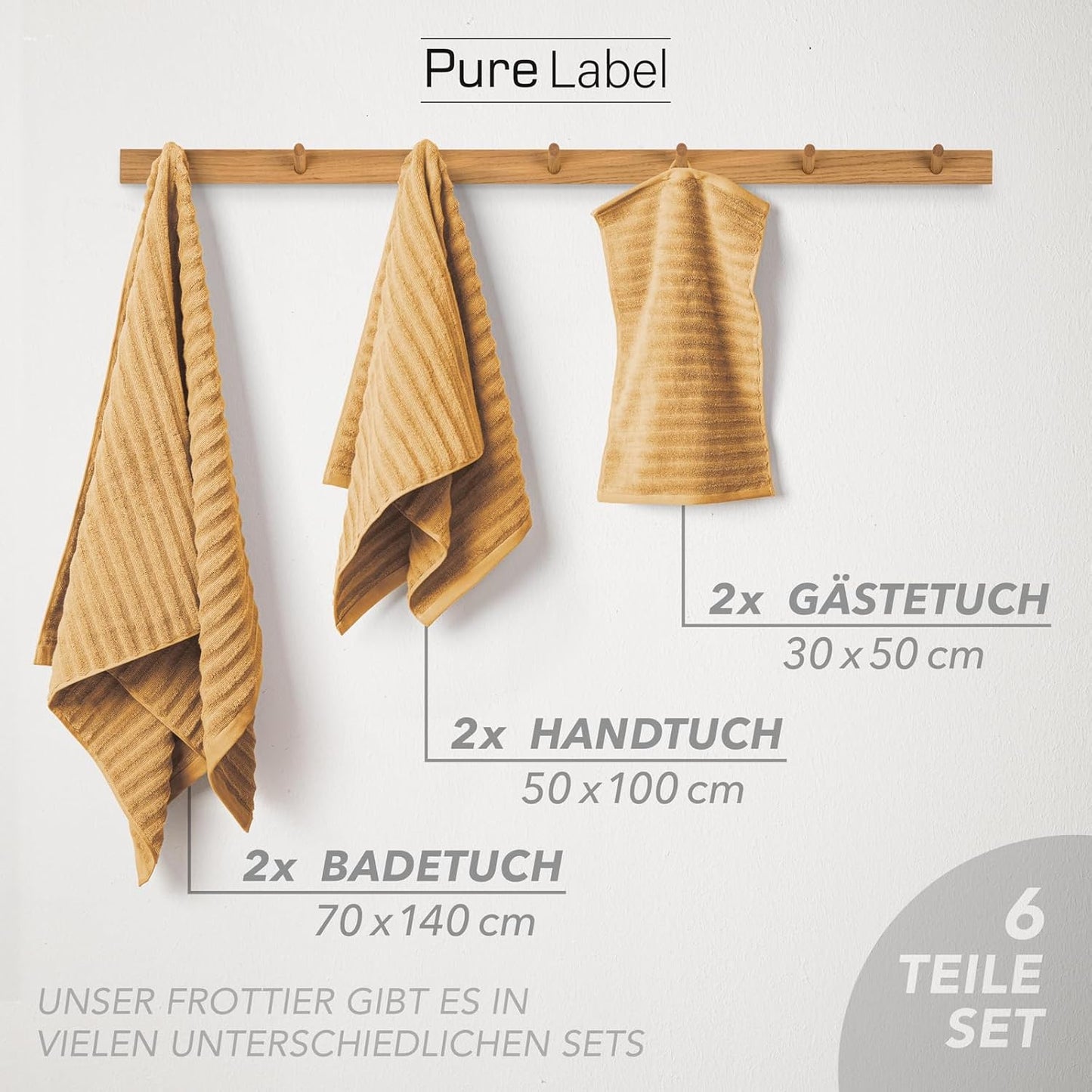 Pure Label 6-Piece Hand Towel Set with Hanging Loops Made of 100% Cotton, Absorbent and Soft, 2 x Bath Towels (70 x 140 cm), 2 x Hand Towels (50 x 100 cm), 2 x Guest Towels (30 x 50 cm),
