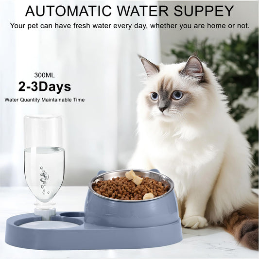 Cat Feeding Station with Automatic Water Bottle, 2-in-1 Raised Bowl Made of Stainless Steel